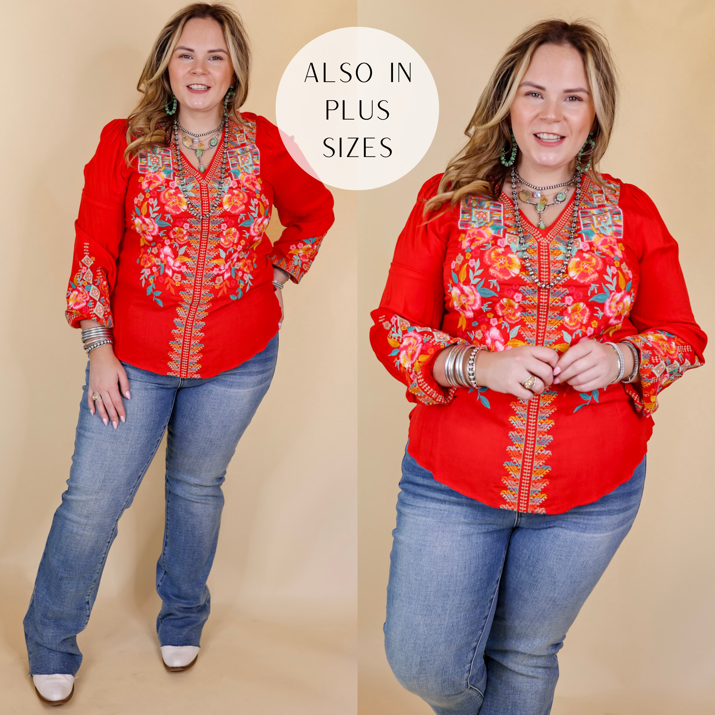 Model is wearing a long sleeve embroidered top with a v neckline in red. Model has this top paired with jeans, booties, and Navajo jewelry. 