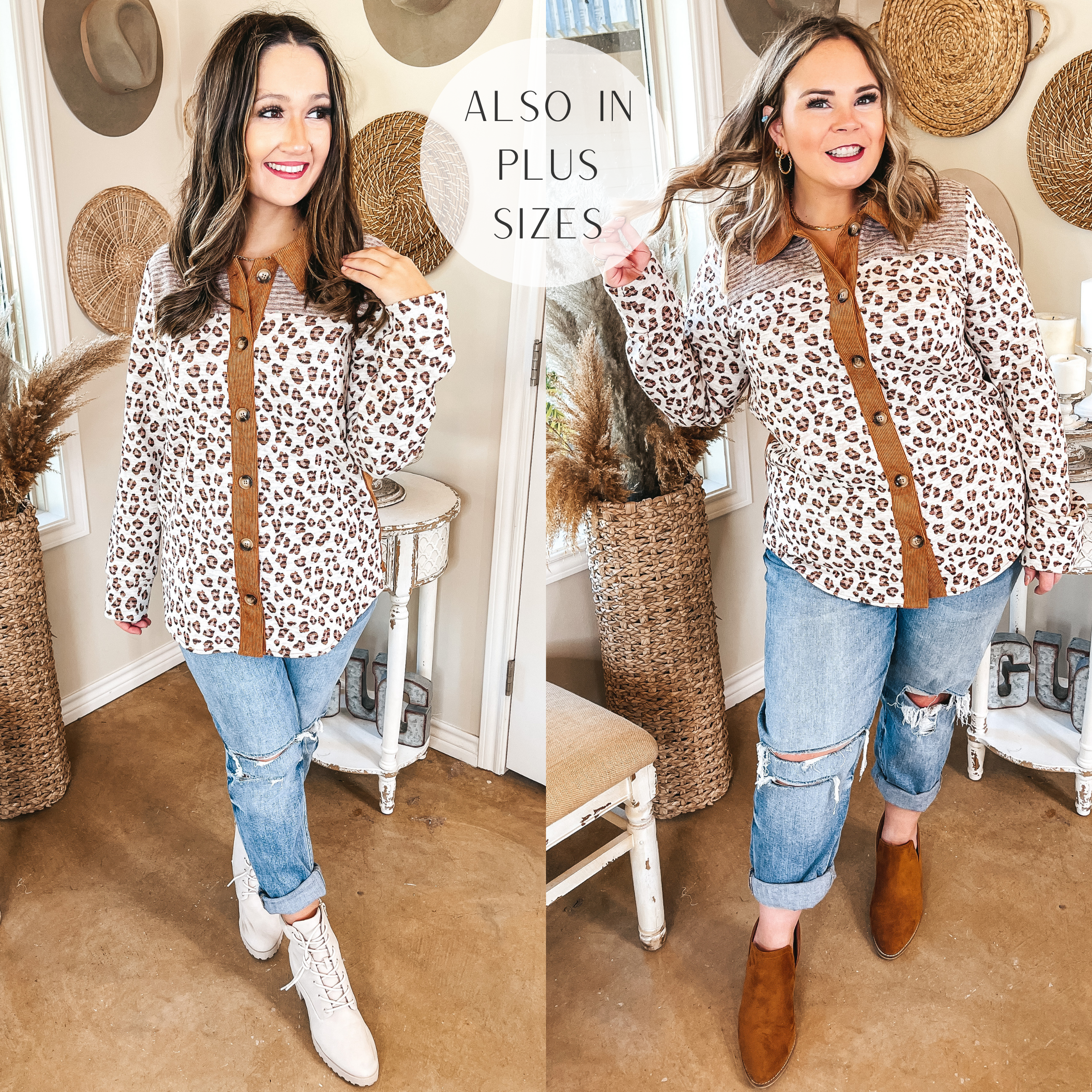 Models are wearing an ivory leopard long sleeve top. Small size model has it paired with boyfriend jeans and lace up booties. Large size model has it paired with brown booties and boyfriend jeans.