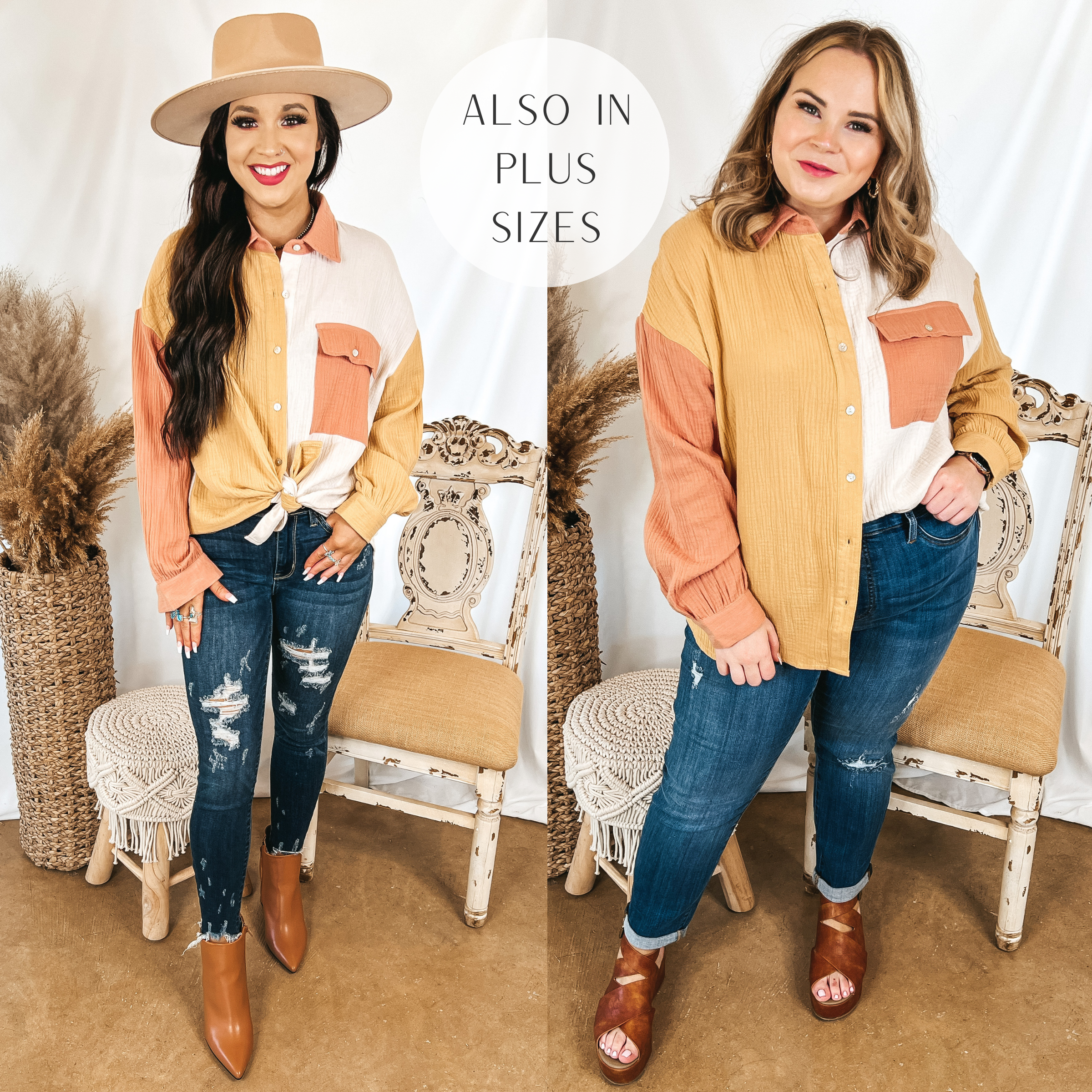 Models are wearing a button up top that is half ivory and half mustard yellow. The top has a dusty orange sleeve, front pocket, and collar. Size small model has it paired with distressed skinny jeans, tan booties, and a tan hat. Size large model has it paired with jeggings, tan wedges, and gold jewelry.