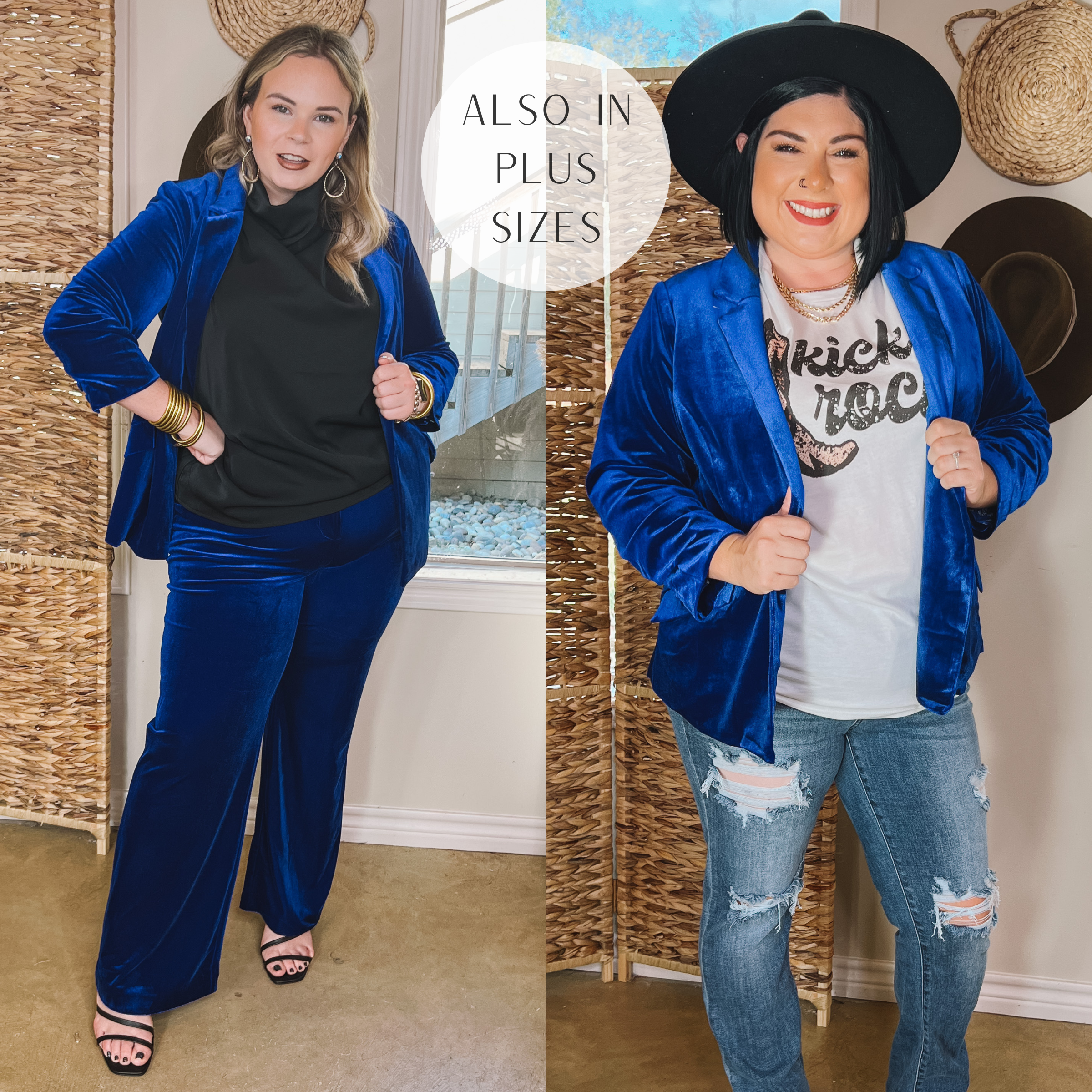Models are wearing a royal blue velvet blazer. Size large model has it paired with matching pants, a black blouse, and gold jewelry. Plus size model has it paired with a white graphic tee, distressed jeans, and a black hat.