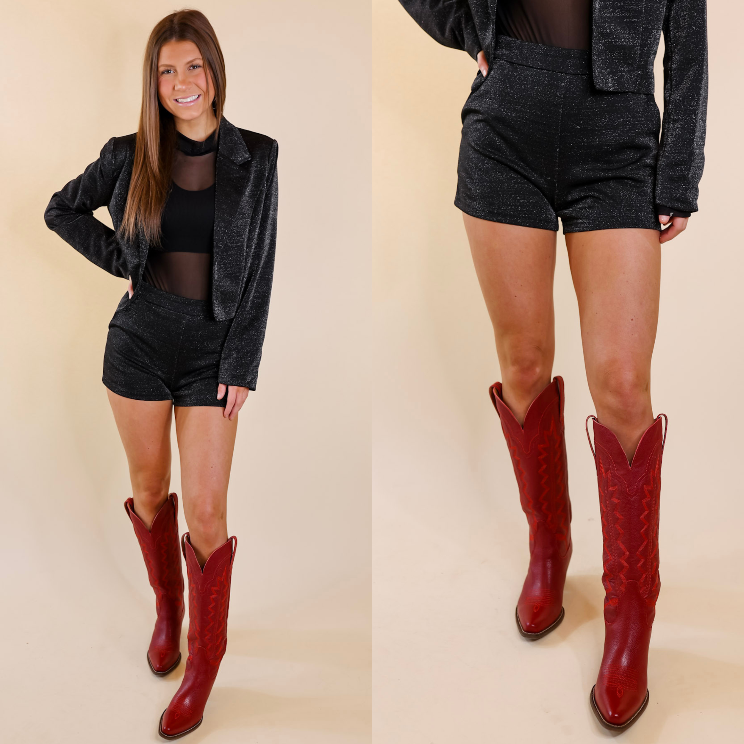 Model is wearing a pair of black shorts that have a metallic sparkle, pockets, and high waist. Model has it paired with red boots, a black bodysuit, and a matching black blazer.