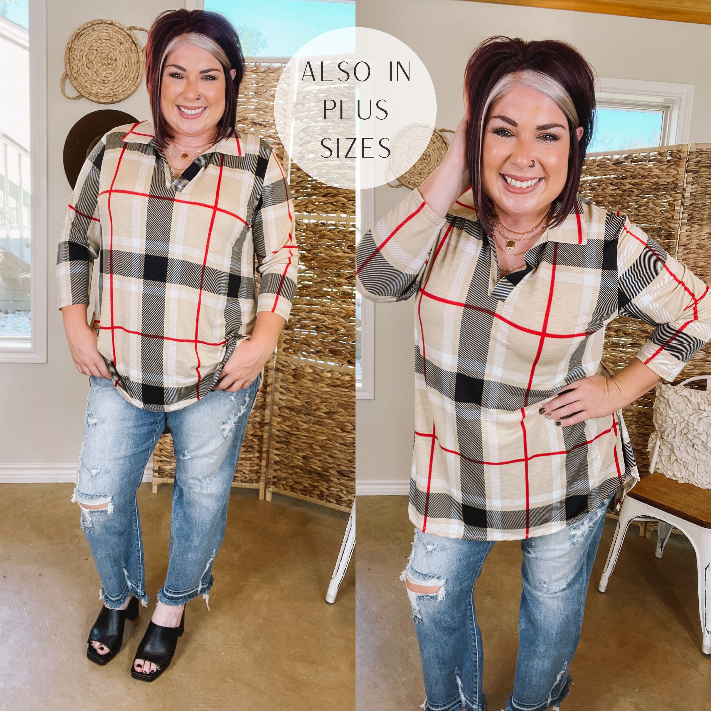 Scenic Route Plaid Collared Tunic Top in Taupe - Giddy Up Glamour Boutique