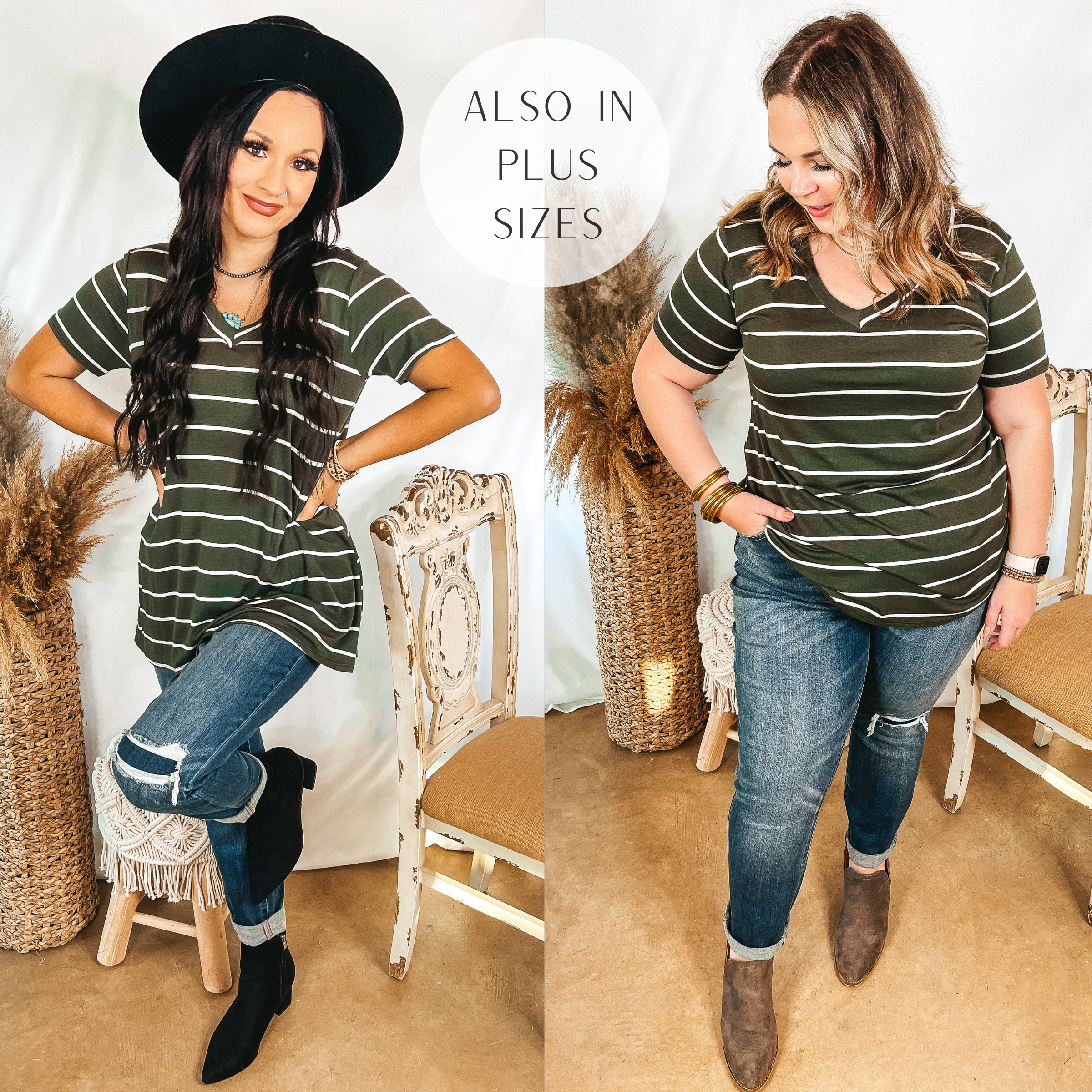 Models are wearing an olive green top with white stripes. Both models have this striped top paired with patch knee boyfriend jeans. Size small model has it paired with black booties and a black hat. Size large model has it paired with taupe booties.