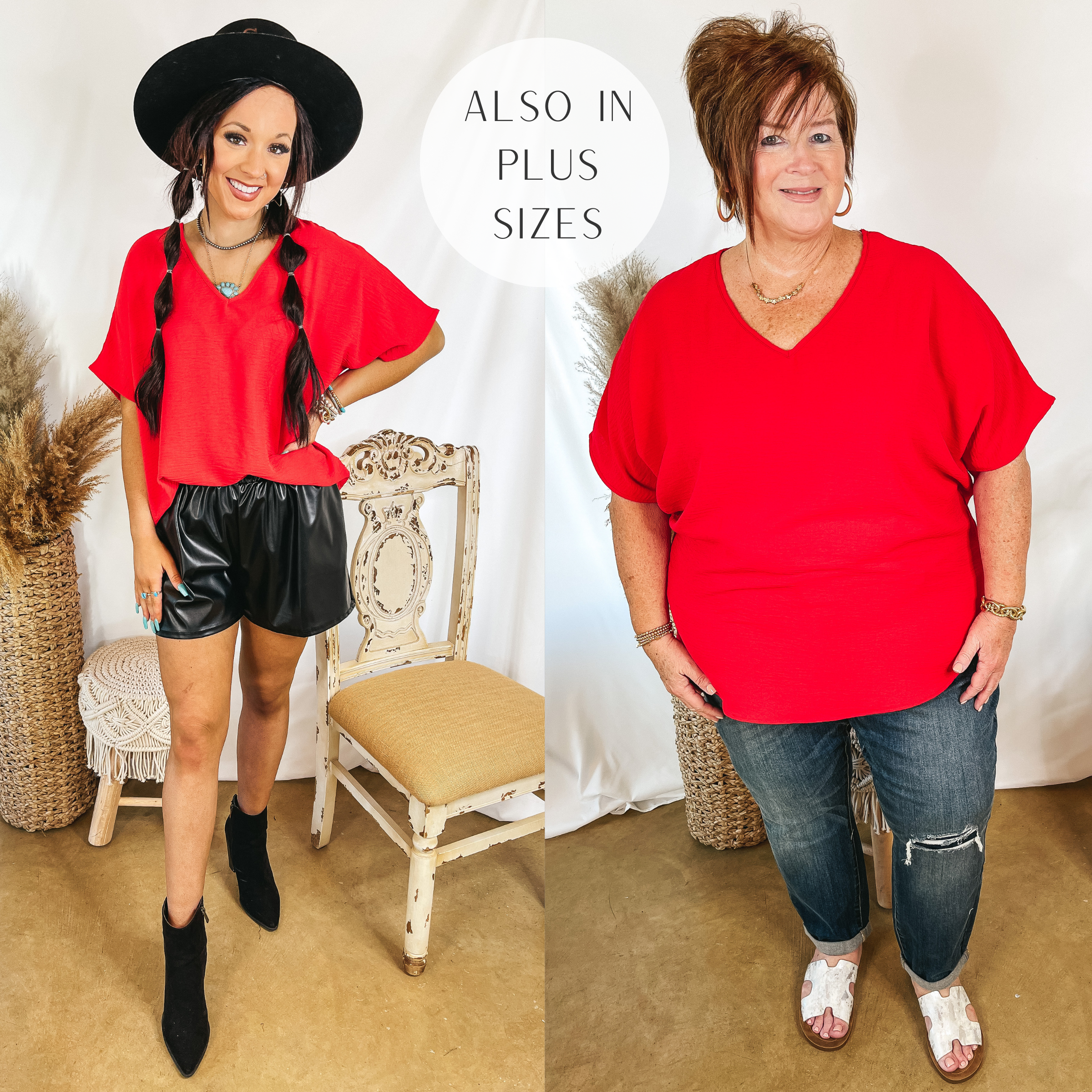 Models are wearing a red v neck top. Size small model has it paired with black leather shorts, black booties, and a black hat. Plus size model has it paired with boyfriend jeans, white sandals, and gold jewelry.
