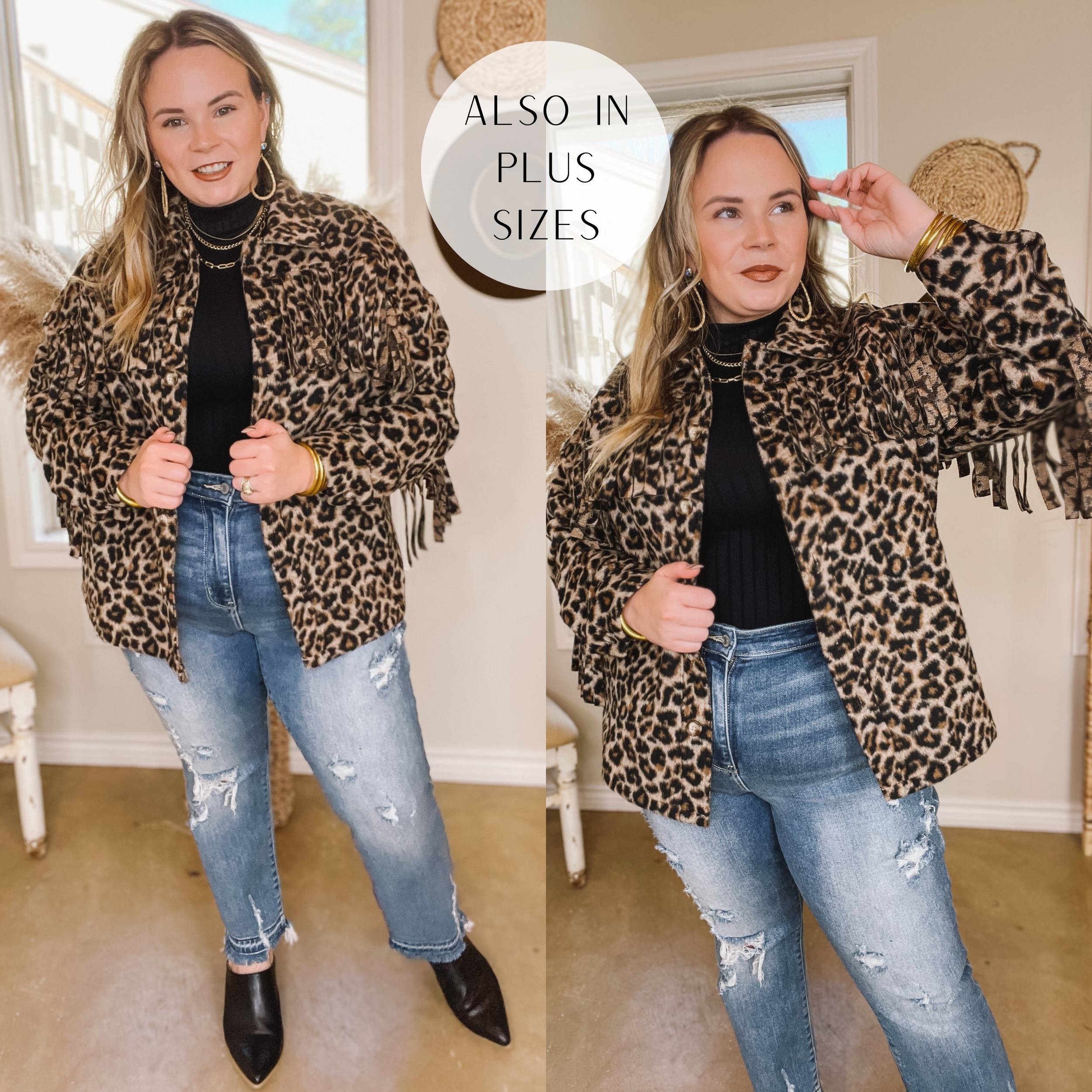 Model is wearing a leopard jacket with fringe along the back, onto the arms, and along the front of the shoulders. Model has this jacket paired with a black ribbed bodysuit, light-wash skinny jeans, black booties, and gold jewelry. 