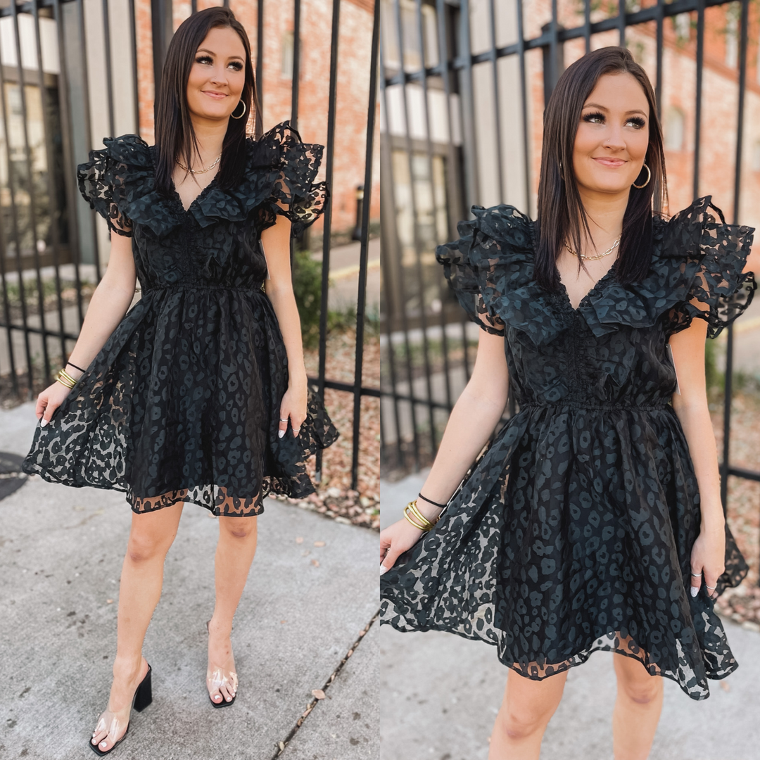 Welcome To Hollywood Sheer Leopard Print Dress with Ruffle Detail in Black - Giddy Up Glamour Boutique