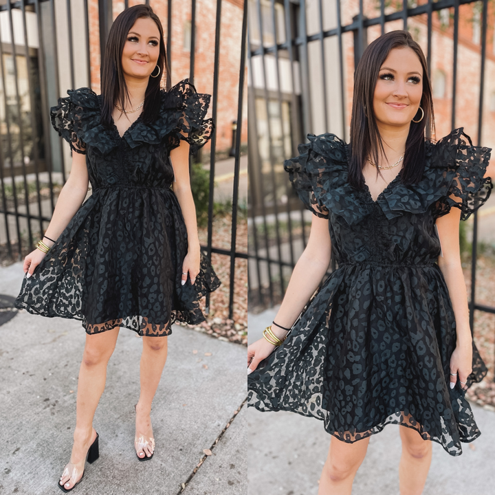 Welcome To Hollywood Sheer Leopard Print Dress with Ruffle Detail in Black - Giddy Up Glamour Boutique