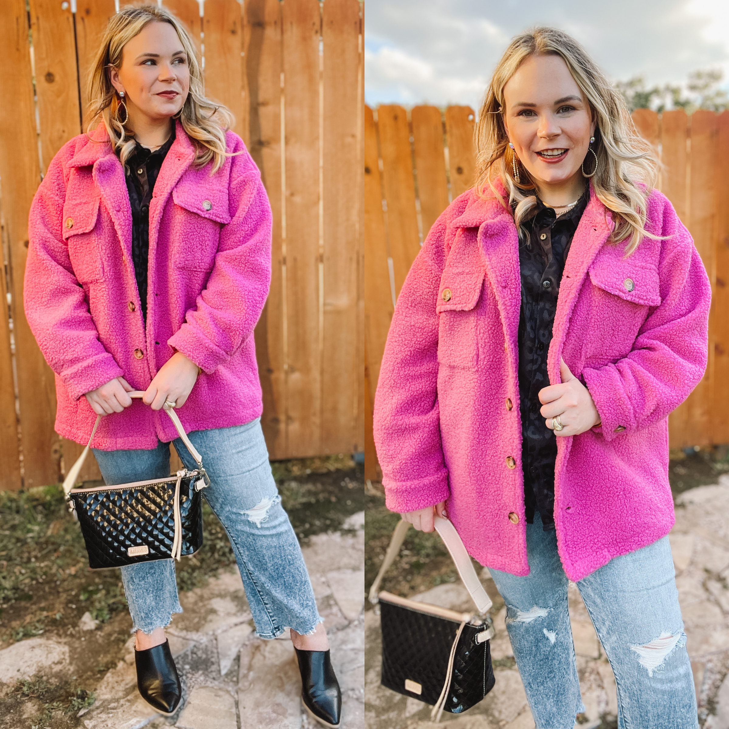 Plush Comfort Button Up Sherpa Shacket in Hot Pink - Giddy Up Glamour Boutique