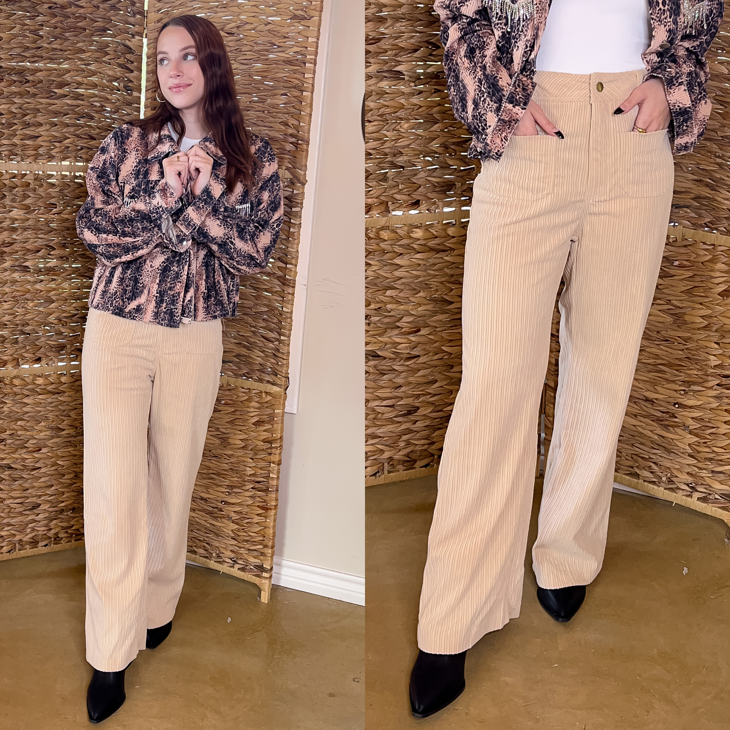 Model is wearing a white bodysuit with a leopard jacket with crystal fringe detailing on the pocket. Paired with the jacket is cream, wide leg, corduroy pants with black booties and gold jewelry