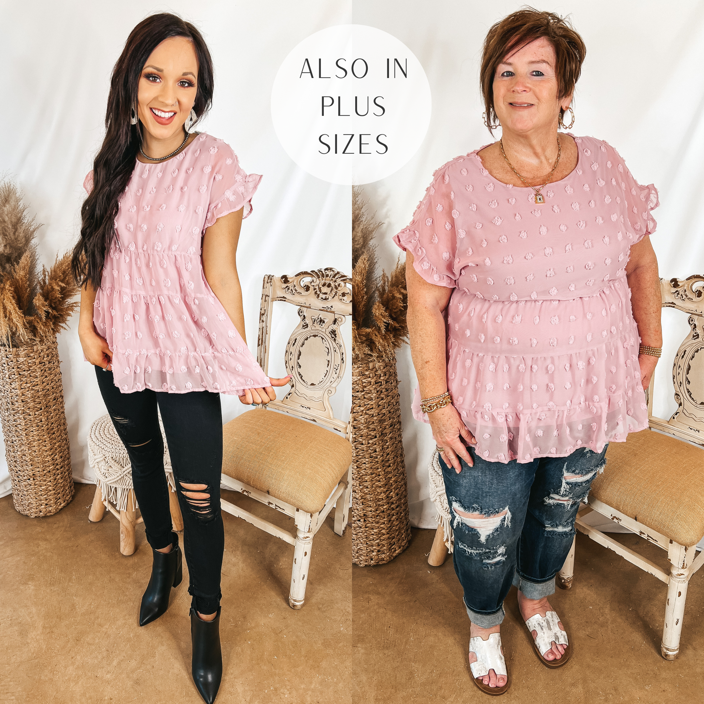 Models are wearing a mauve swiss dot babydoll top. Size small model has it paired with black distressed jeans, black booties, and silver jewelry. Plus size model has it paired with dark wash boyfriend jeans white sandals, and gold jewelry.