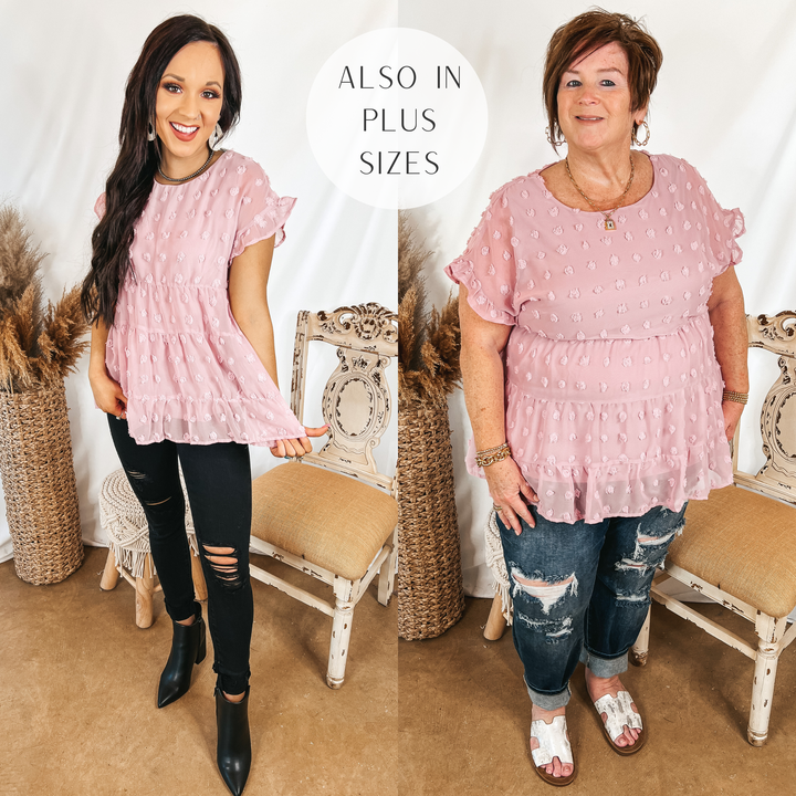 Models are wearing a mauve swiss dot babydoll top. Size small model has it paired with black distressed jeans, black booties, and silver jewelry. Plus size model has it paired with dark wash boyfriend jeans white sandals, and gold jewelry.