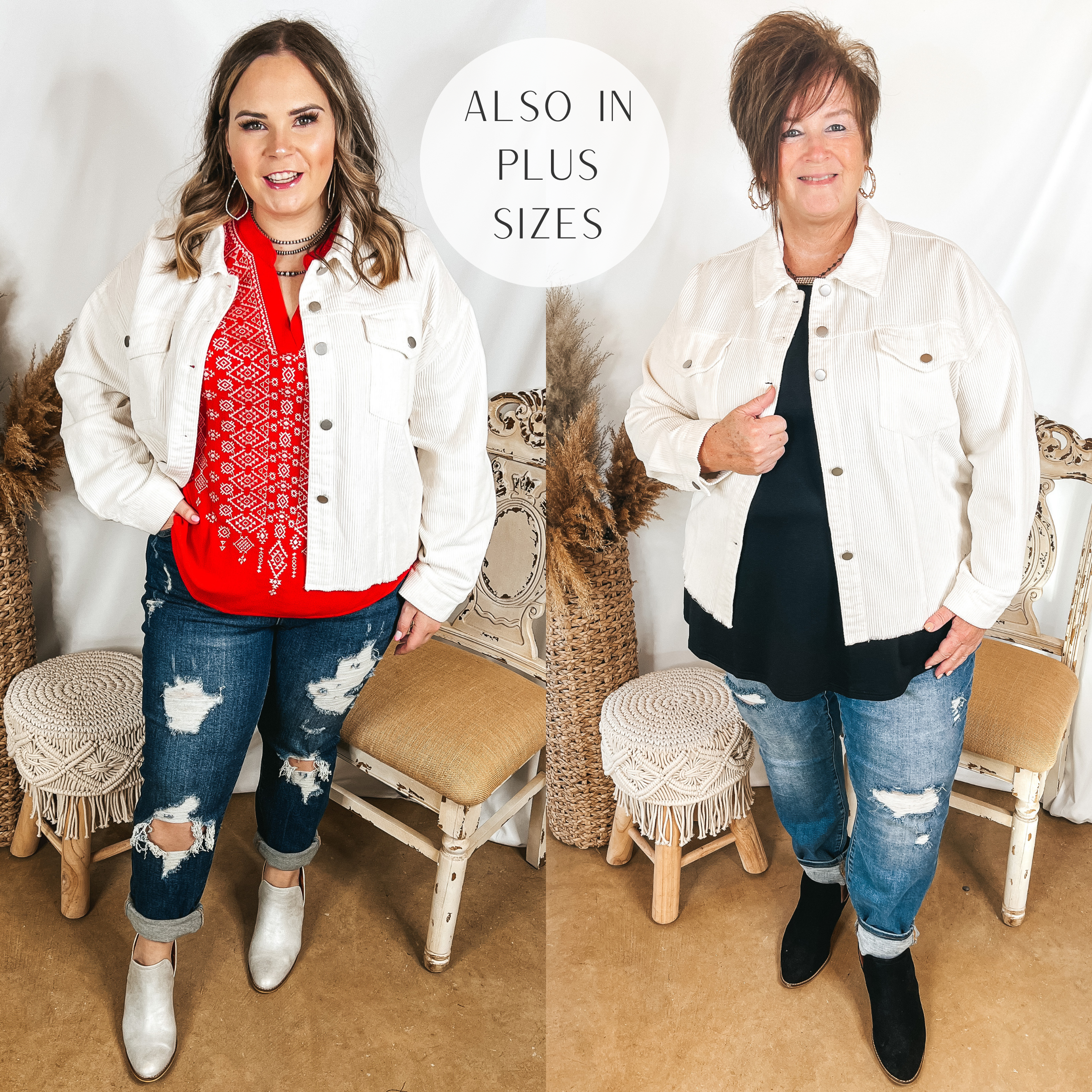 Models are wearing a white corduroy button up jacket. Size large model has it paired with a red top, dark wash distressed jeans, and silver jewelry. Plus size model has it paired with medium wash distressed jeans, a black top, black booties, and gold jewelry.