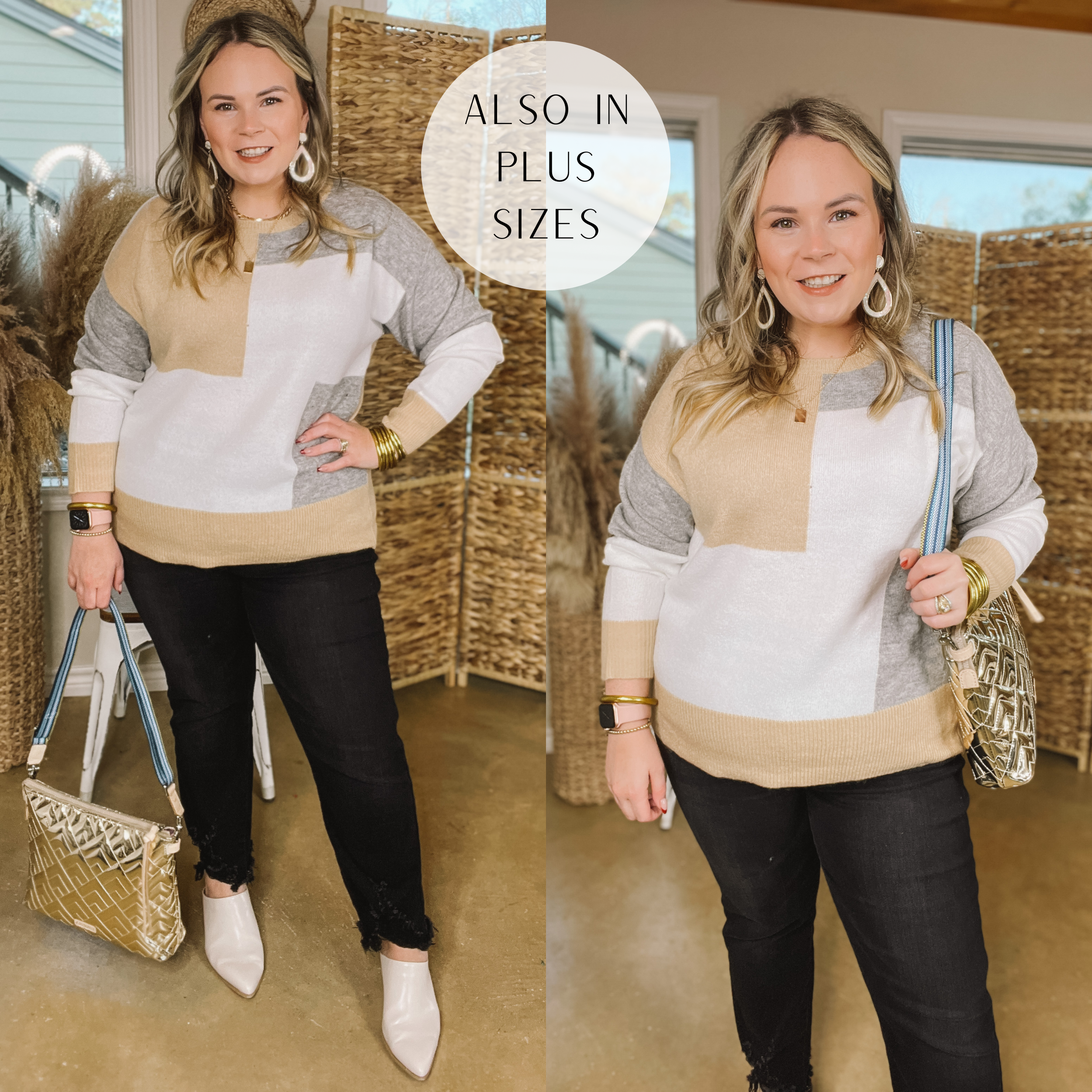Frozen Lake Color Block Sweater in Ivory, Tan, and Grey - Giddy Up Glamour Boutique