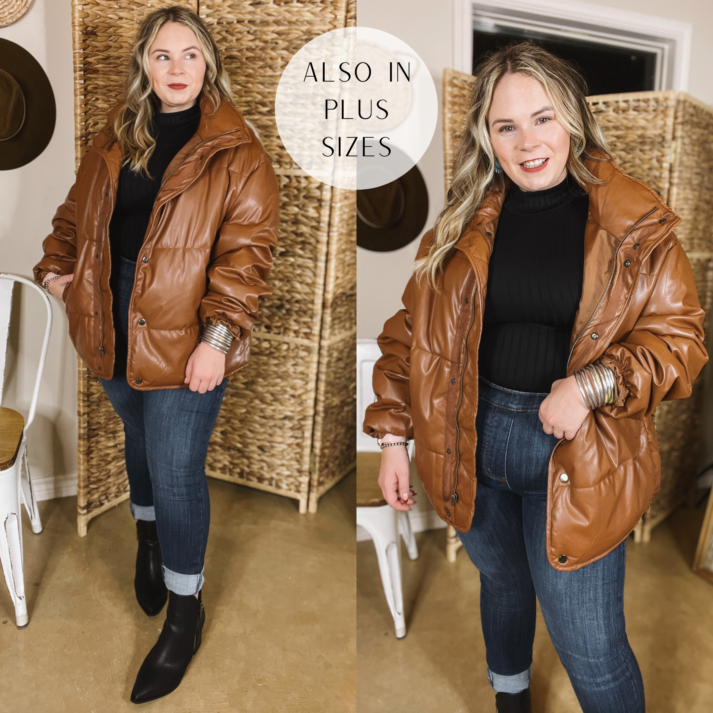 Boston Chill Button and Zip Up Faux Leather Puffer in Brown - Giddy Up Glamour Boutique