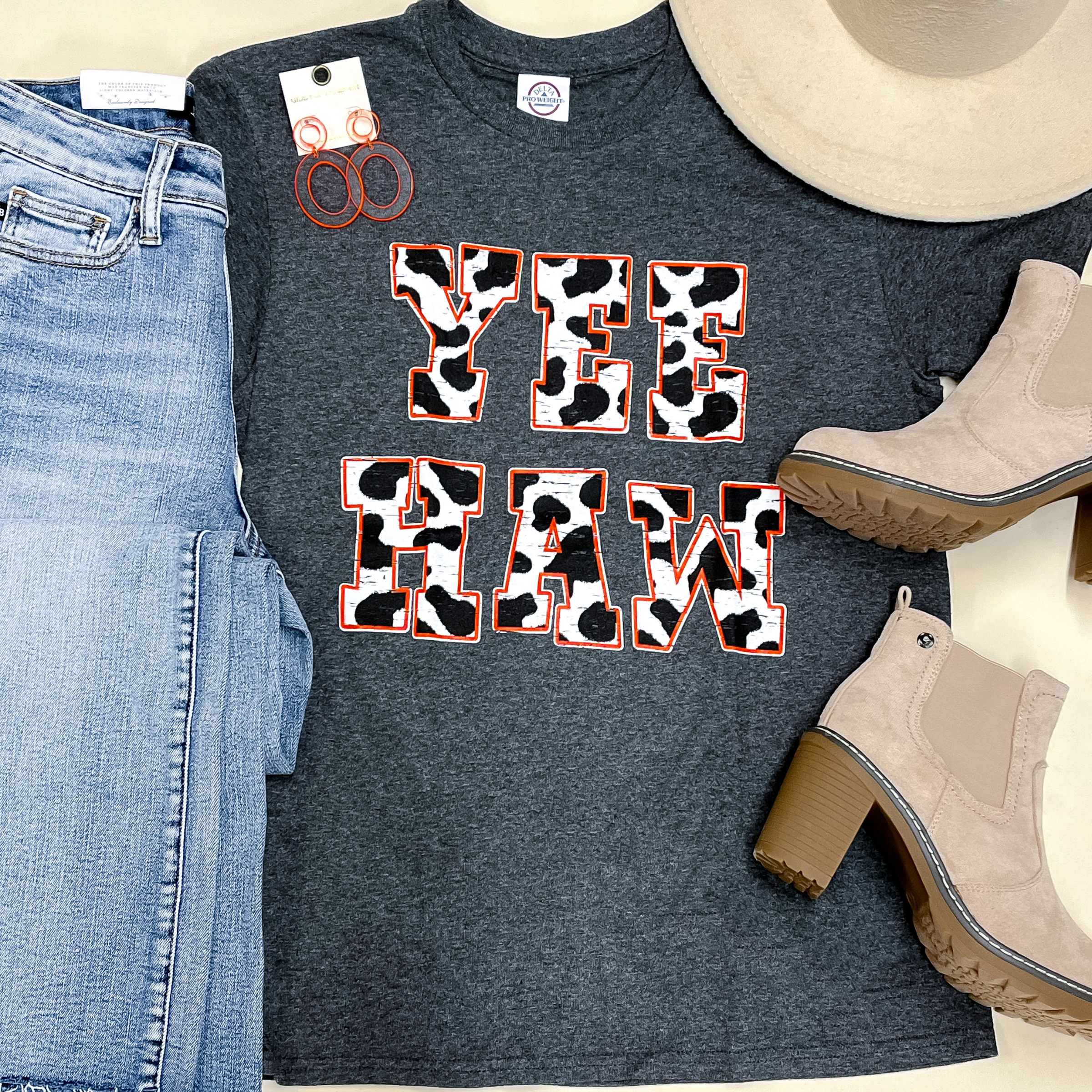 YeeHaw Cow Print Short Sleeve Graphic Tee in Grey - Giddy Up Glamour Boutique