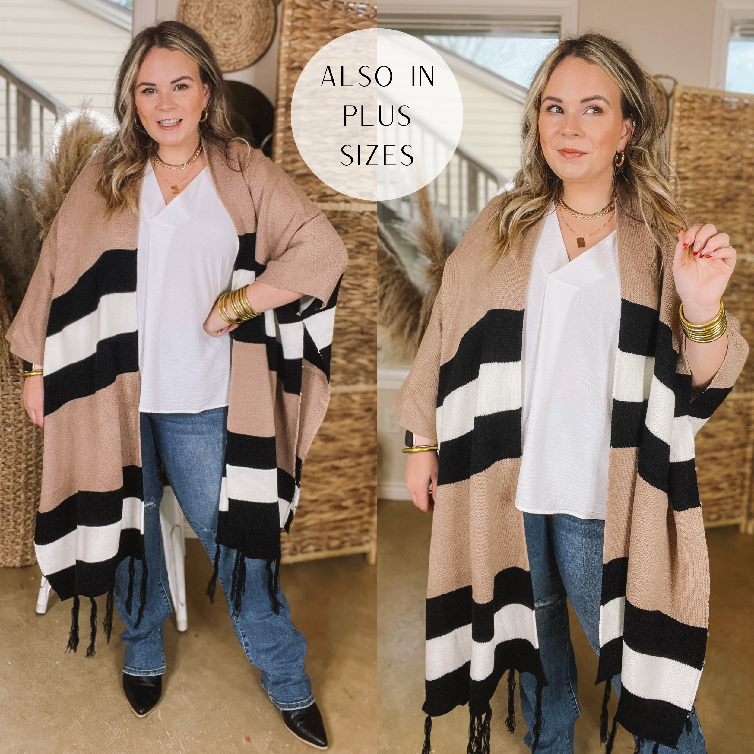 Model is wearing a mocha, ivory, and black striped poncho cardigan. Model has this poncho paired with a white V neck top, bootcut jeans, black booties, and gold jewelry. 
