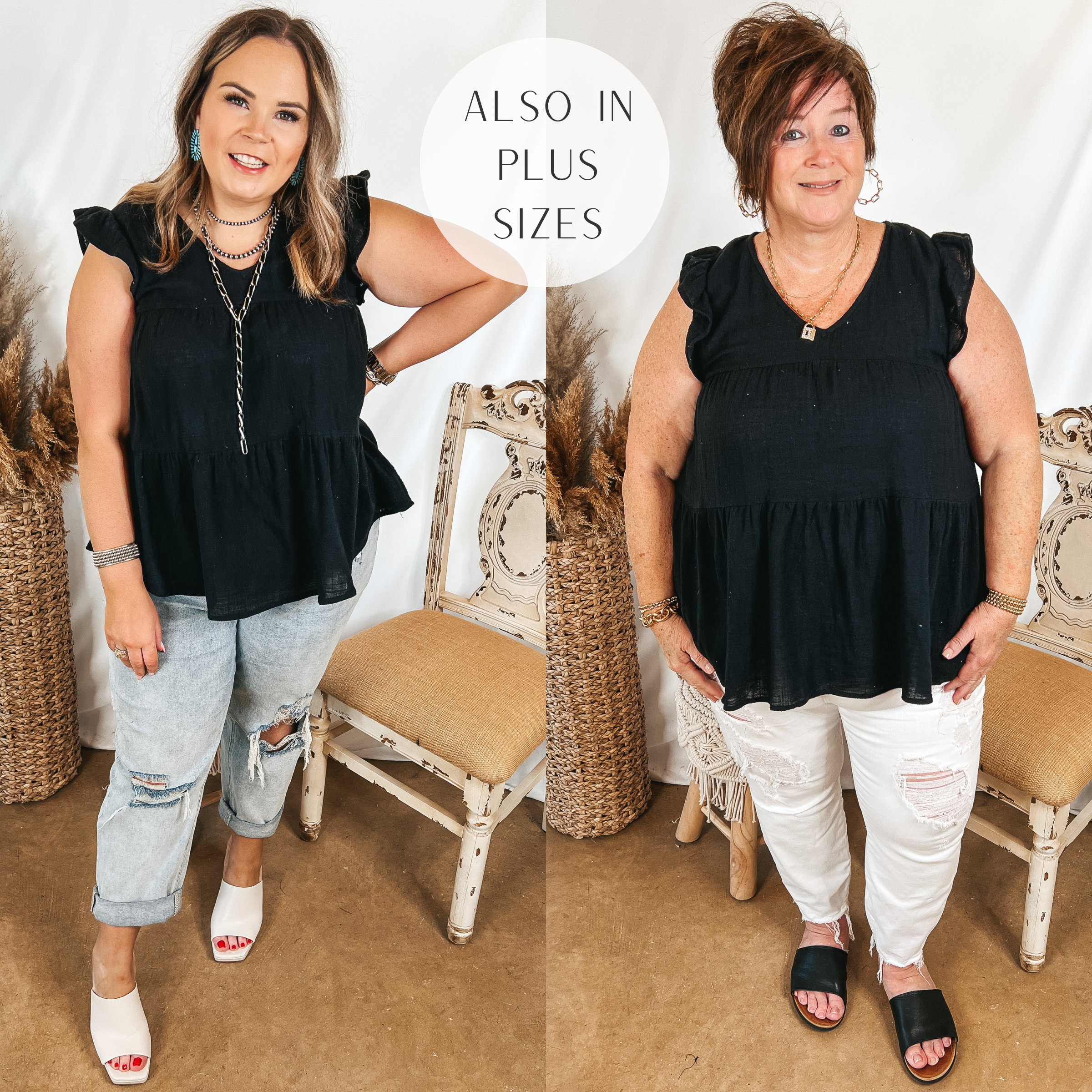 Models are wearing a black tiered top with ruffle cap sleeves. Size large model has it paired with light wash jeans, white heels, and silver jewelry. Plus size model has it paired with white distressed jeans, black sandals, and gold jewelry.