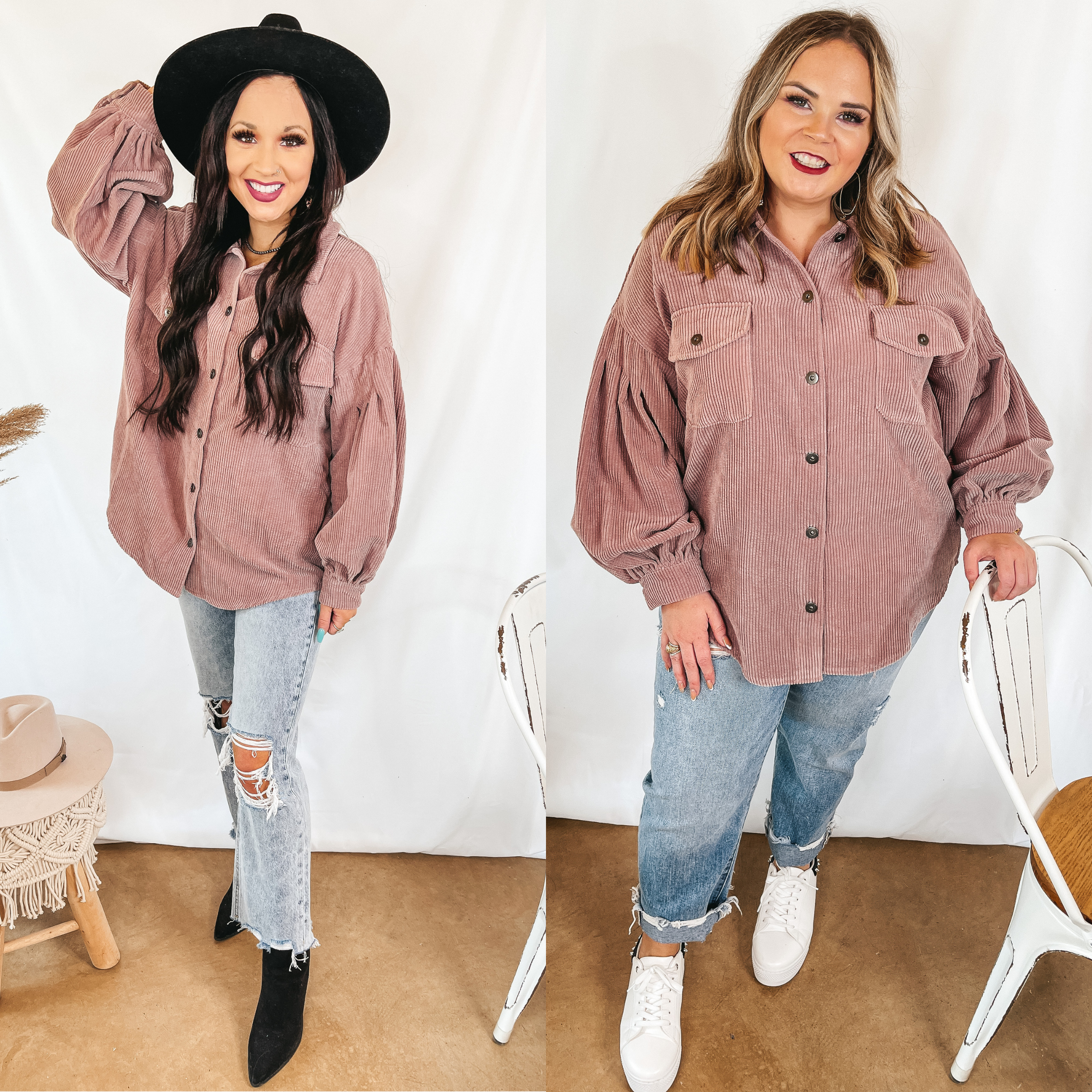 Models are wearing an oversized button up top that is corduroy material. Both model have this mauve top paired with light wash jeans. Size small model has it paired with black booties and a black hat. Size large model has it paired with white sneakers and silver jewelry.