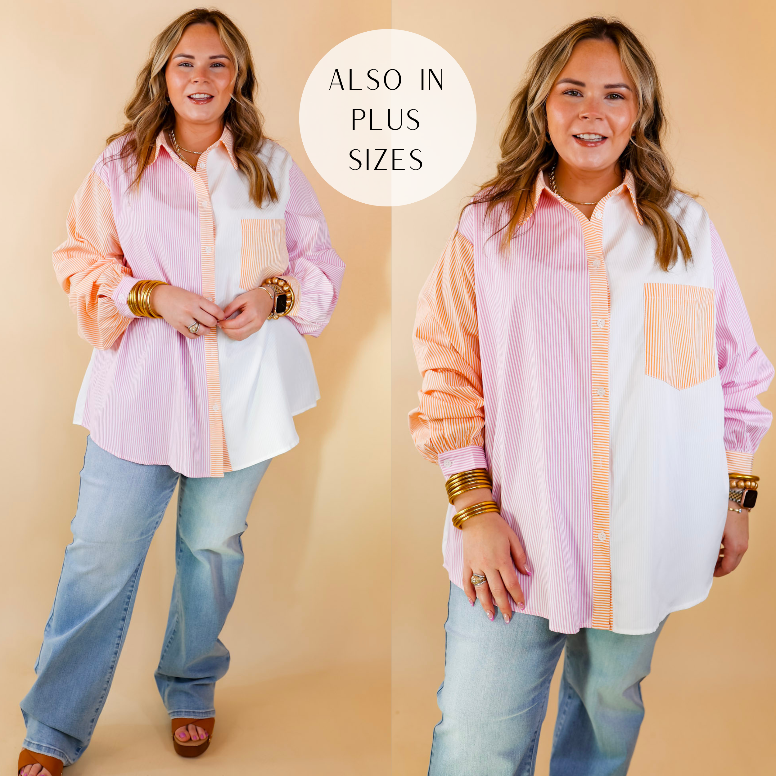 Model is wearing a pin stripe button up top with a color block pattern of white, pink, and orange. Model has it paired with light wash, wide leg jeans, tan wedges, and gold jewelry.