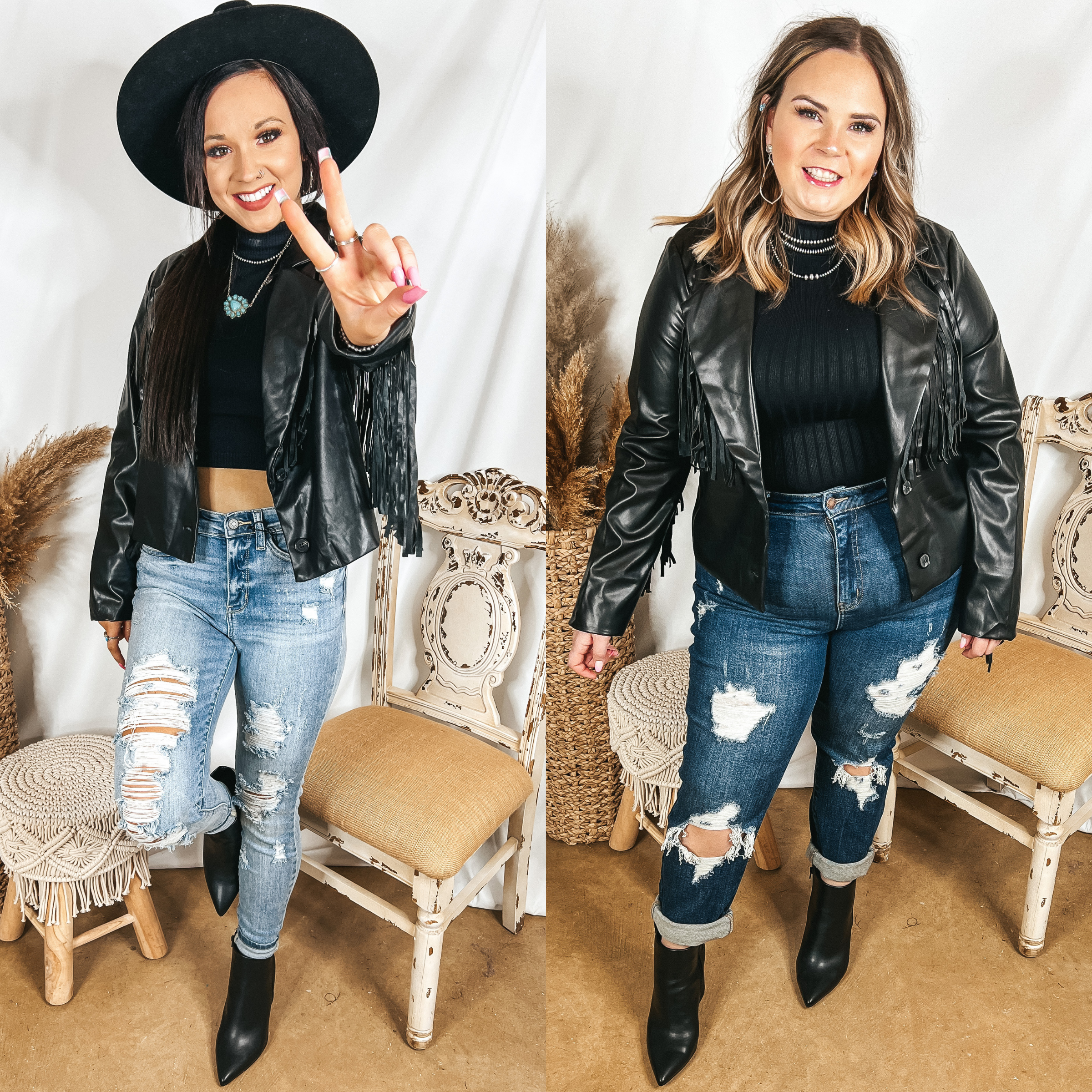 Models are wearing a black leather jacket that has fringe. Size small model has it paired with light wash distressed jeans, black booties, and a black hat. Size large model has it paired with dark wash distressed jeans, black booties, and silver jewelry.