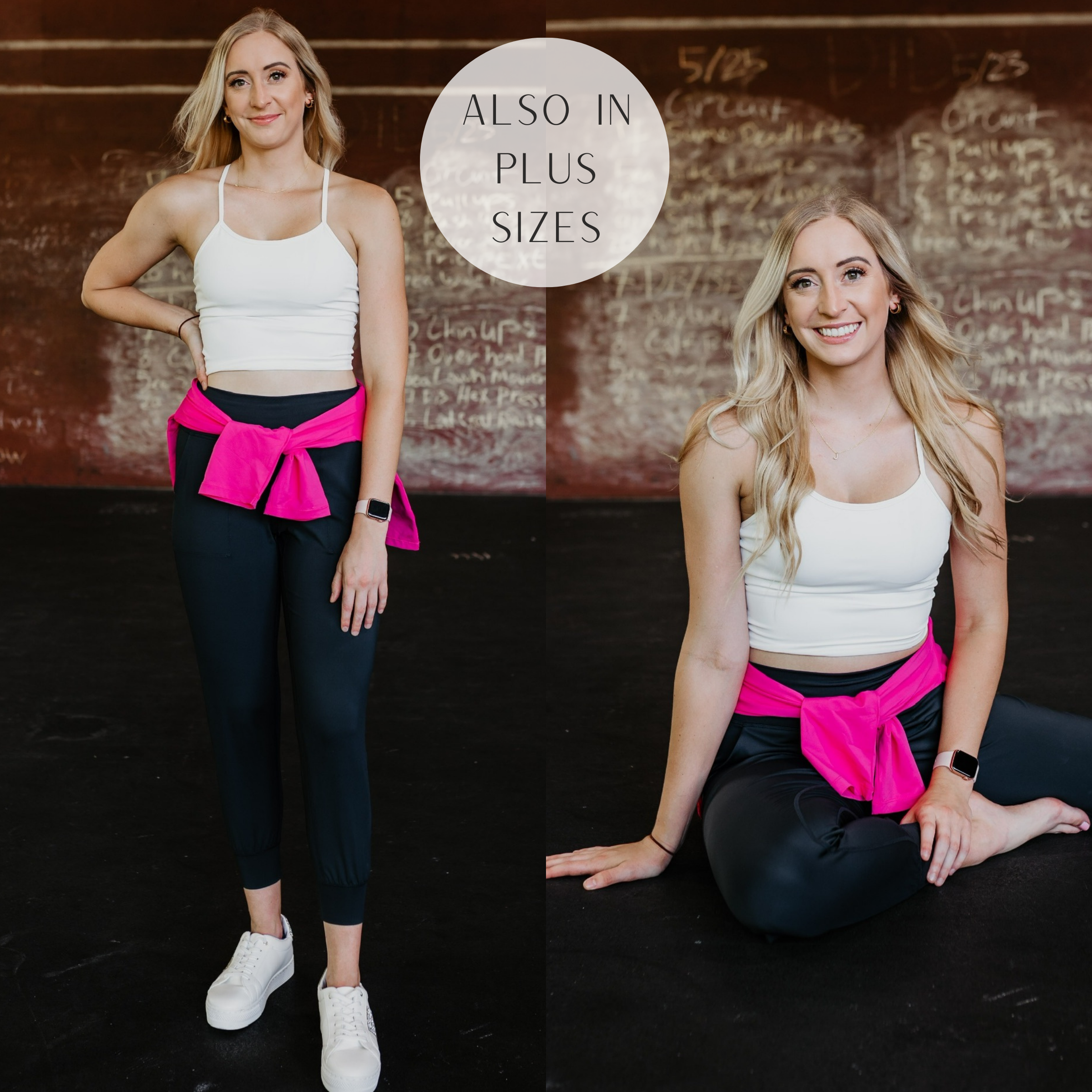 Model is wearing a white spaghetti strap sports bra. Model has it paired with black joggers, a pink long sleeve tied around the waist, and white sneakers.