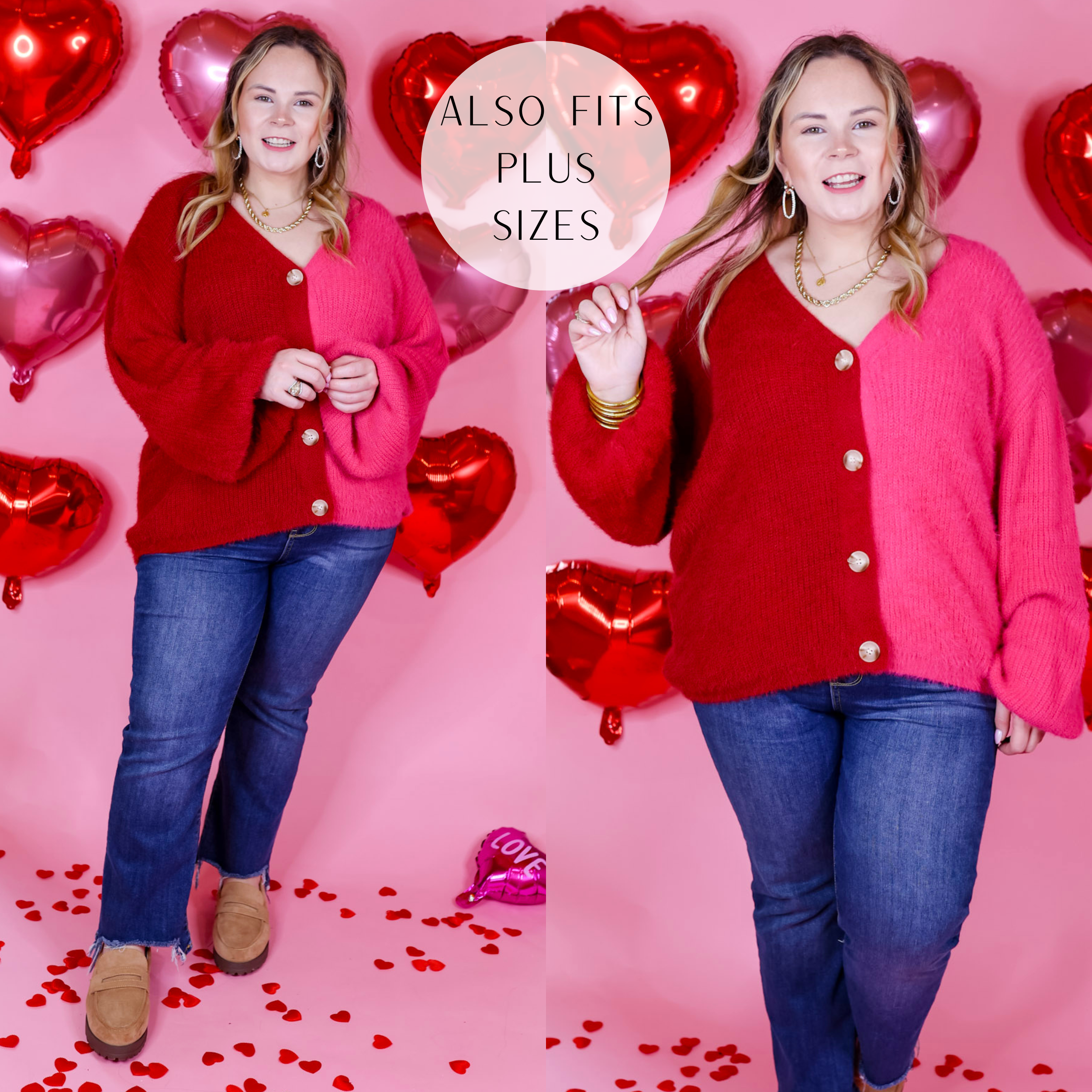 Model has a color block, button down, cardigan with balloon sleeves in pink and red. Model has this cardigan paired with jeans, loafers, and gold jewelry. Background is a light pink with red balloon hearts. 