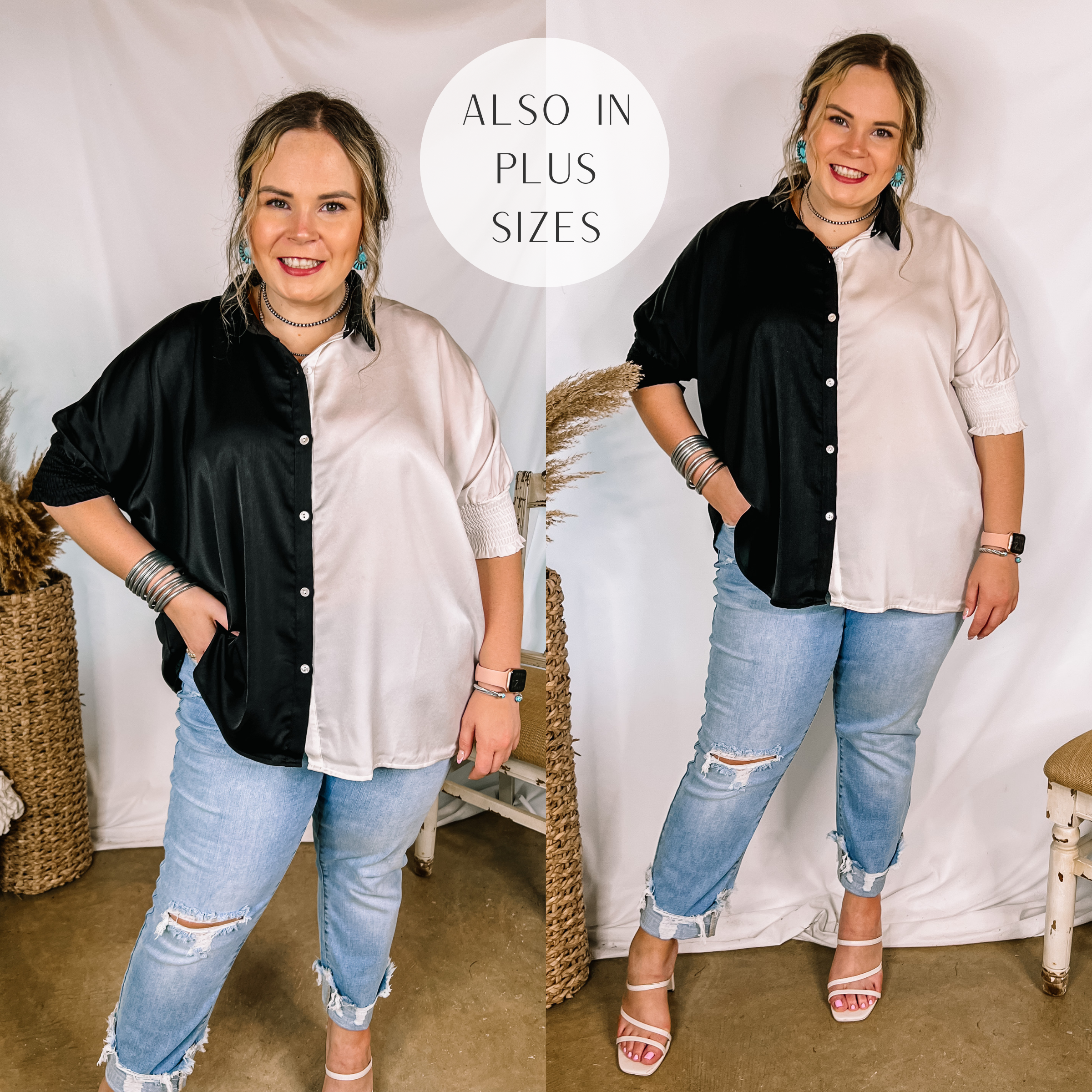 Model is wearing a black and white color block top that has a button up front and collared neckline. Model has it paired with distressed boyfriend jeans, white strappy heels, and sterling silver jewelry.
