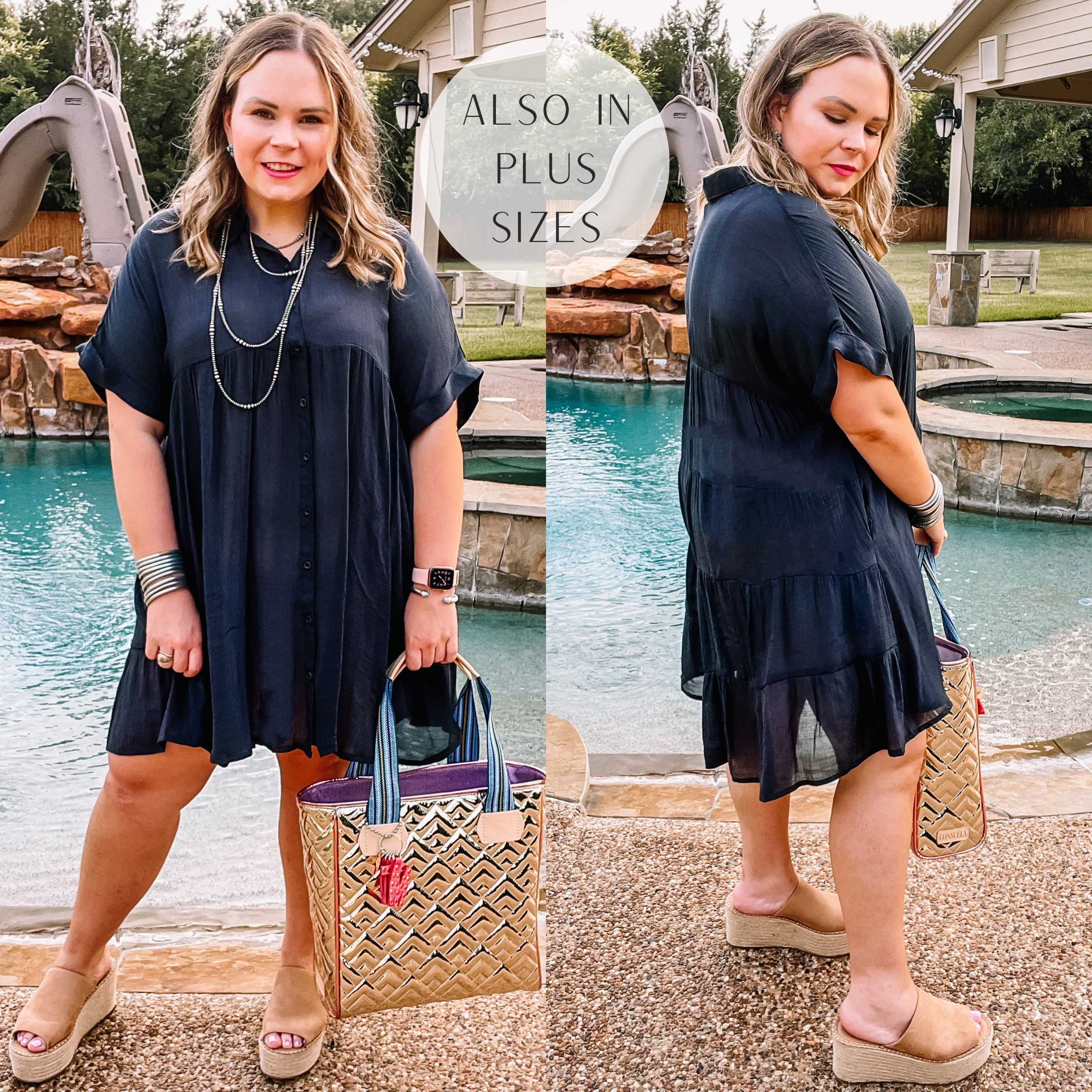 Model is wearing a black short sleeve button up dress. Model has it paired with tan wedges, a gold tote bag, and silver jewelry.