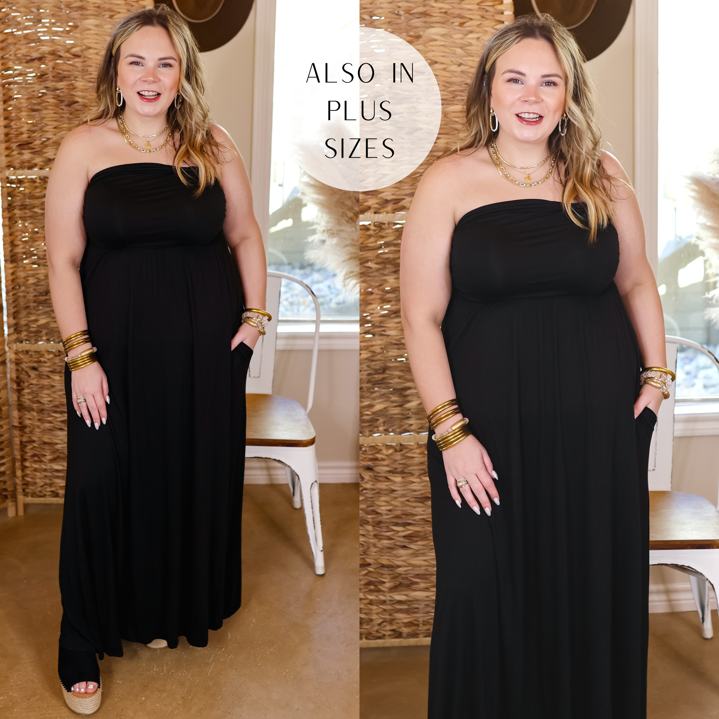 Model is wearing a strapless maxi dress in black. Model has this dress paired with black wedges and gold jewelry. 