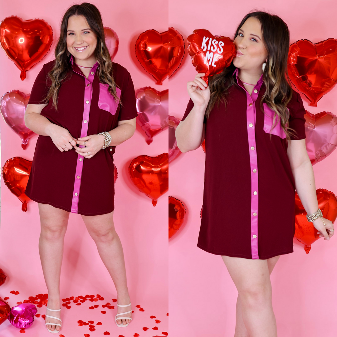 Put Your Records On Button Up Faux Leather Trim Dress in Maroon Put Your Records On Button Up Faux Leather Trim Dress in Maroon