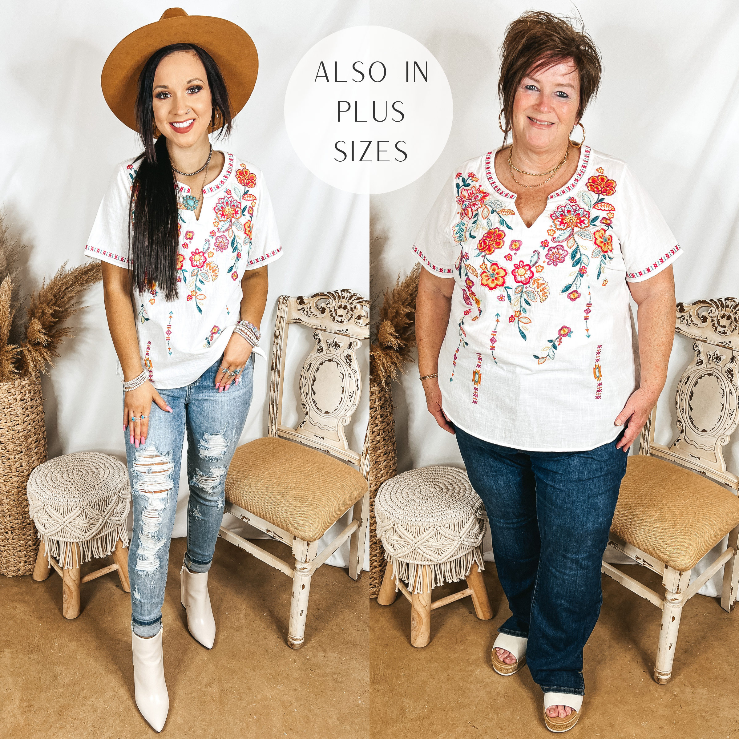 Models are wearing a white floral embroidered top. The top has a notched v neck. Size small model has it paired with distressed skinny jeans, white booties, and a camel brown hat. Plus size model has it paired with dark wash bootcut jeans, white sandals, and gold jewelry.
