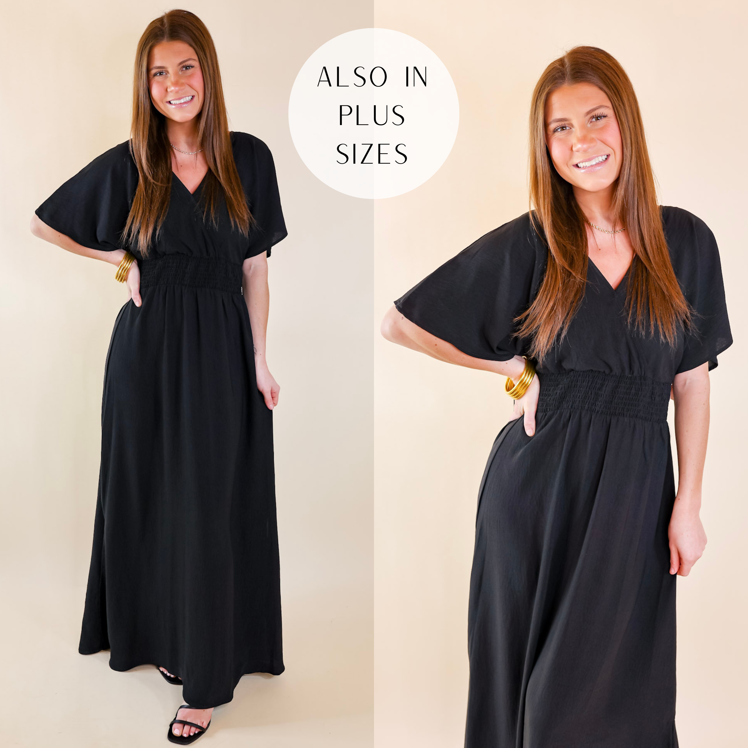 Model is wearing a black maxi dress with short sleeves, a v neckline, and a smocked waist. Model has it paired with black heels and gold jewelry.