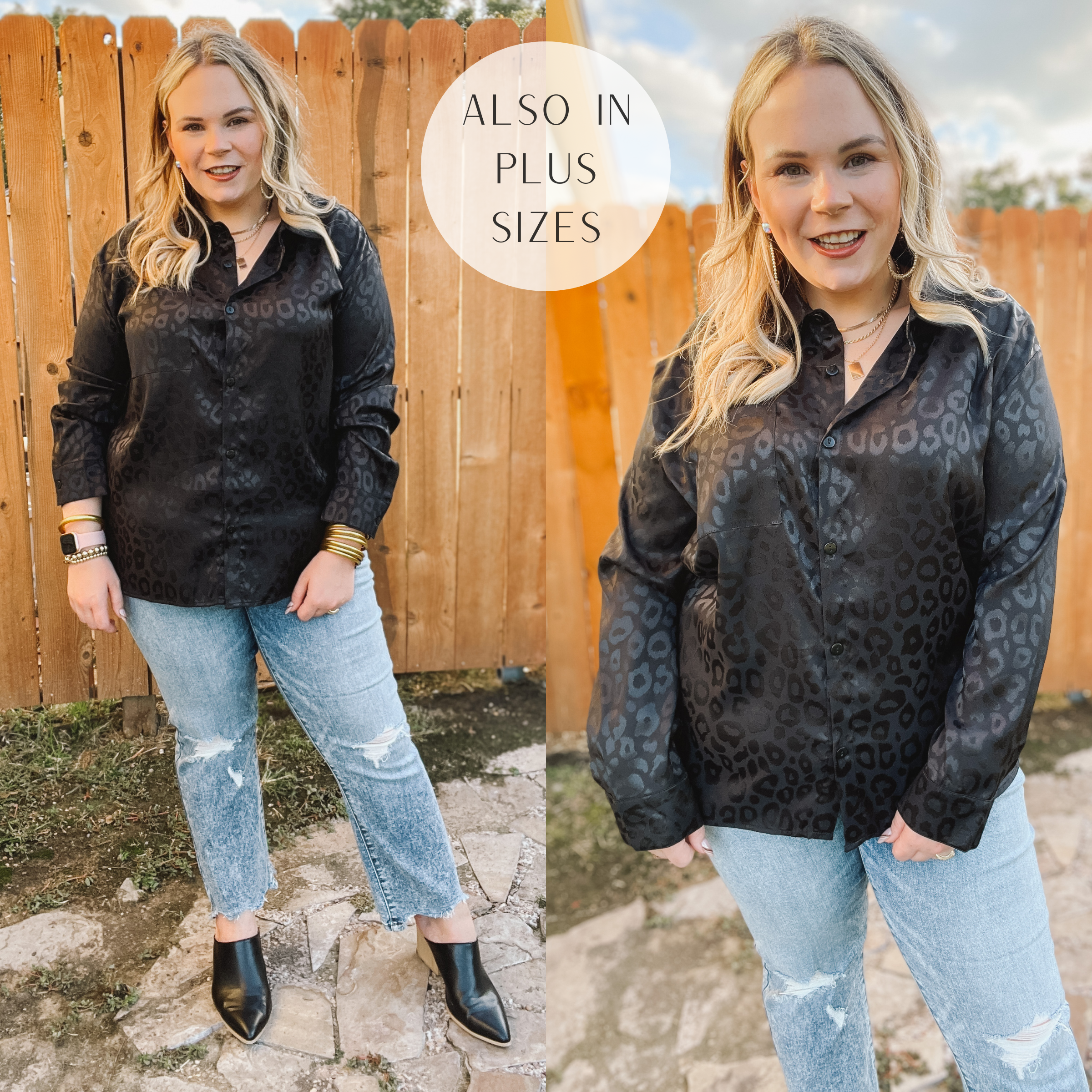 Top It Off Long Sleeve Button Up Satin Leopard Top in Black - Giddy Up Glamour Boutique