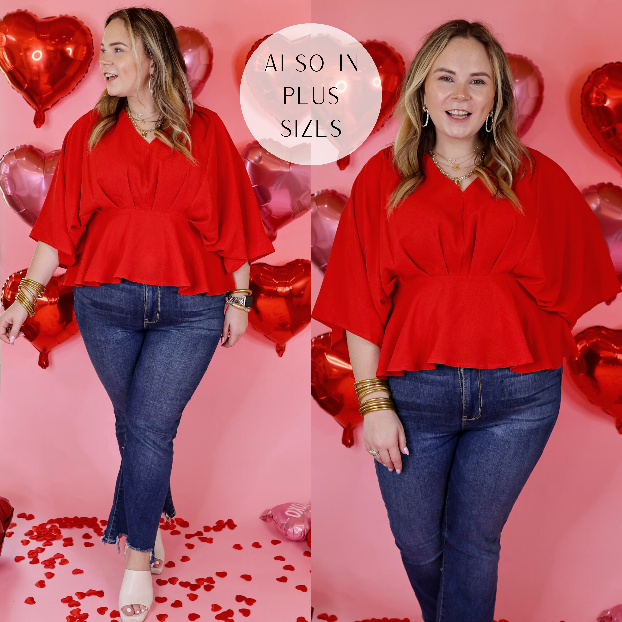 Model is wearing a 3/4 sleeve v neck peplum top in red. Model has this top paired with straight leg jeans, white heels, and gold jewelry. 