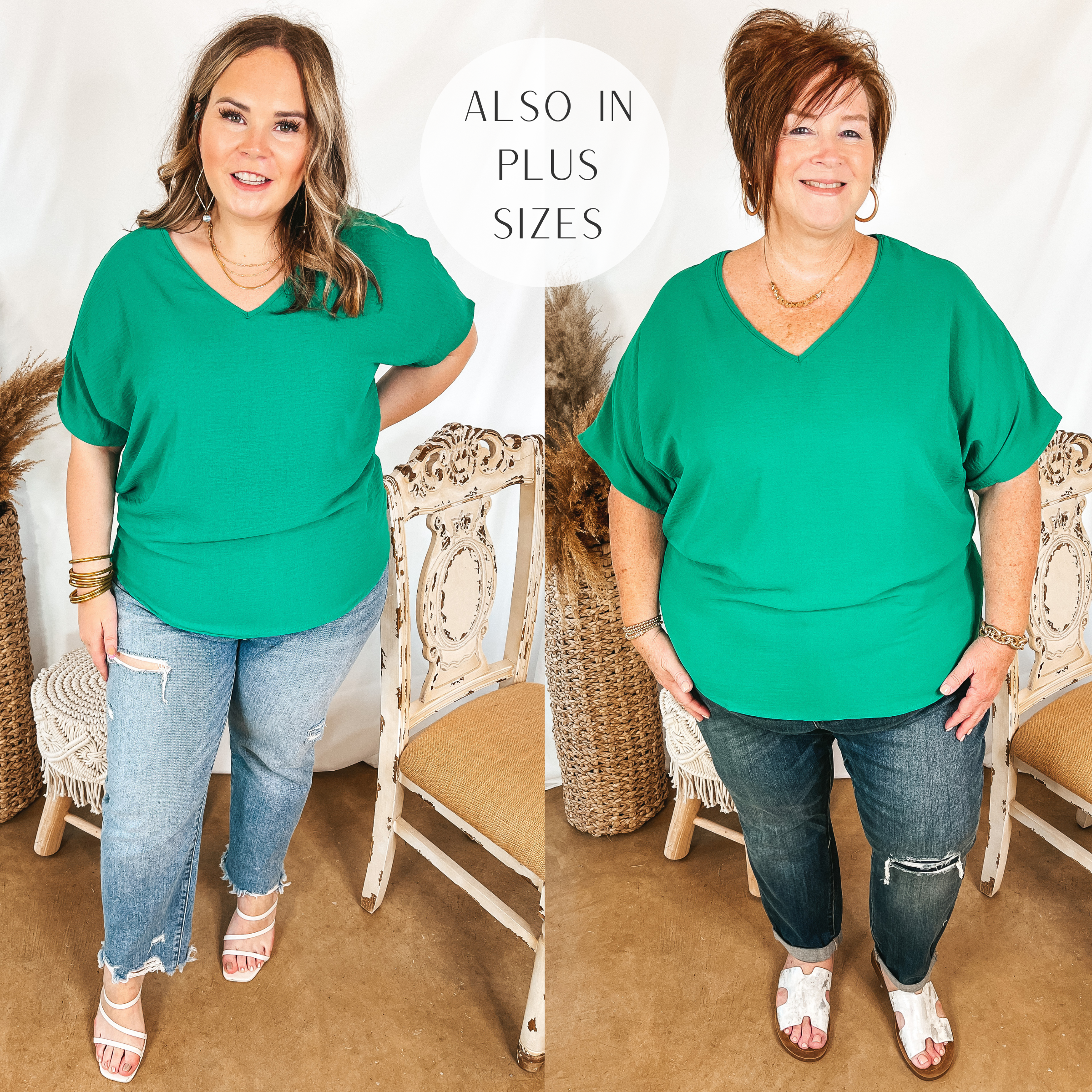 Models are wearing a kelly green v neck top. Size small model has it paired with light wash jeans, white strappy heels, and gold jewelry. Plus size model has it paired with dark wash jeans, white sandals, and gold jewelry.