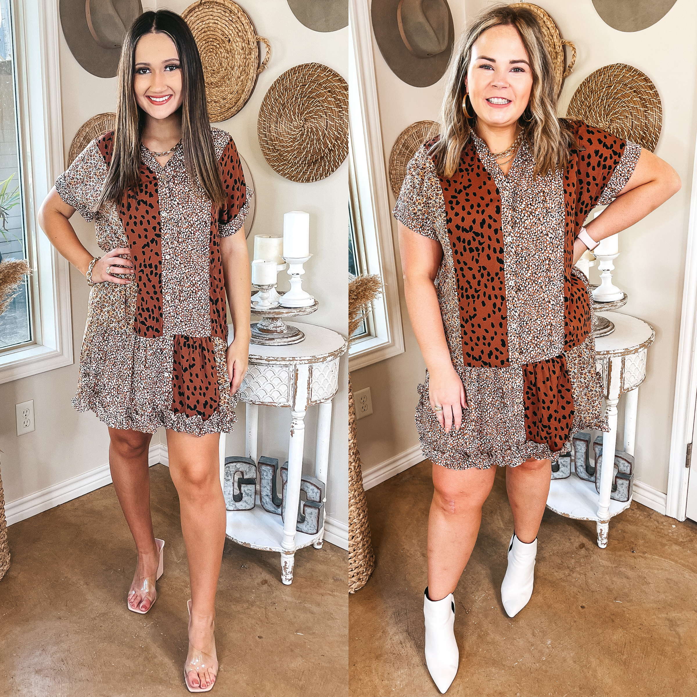 Models are wearing a button up peplum dress that hits above the knee. The dress is a mix of almond brown and black dotted print, a small floral print, and a white, black, and brown abstract print. Model on the left has it paired with clear strap heels and gold jewelry. Model on the right has it paired with white booties and gold jewelry.