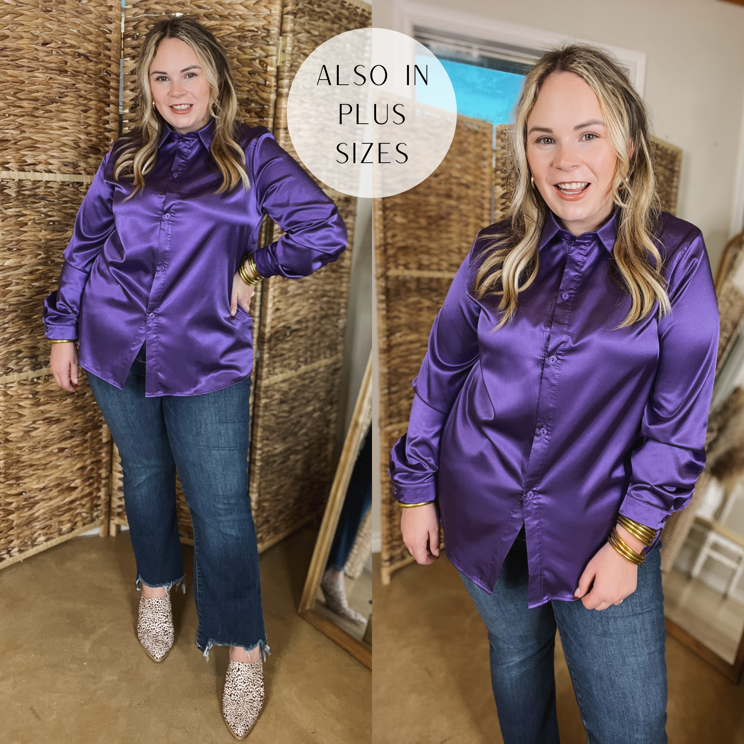 Model is wearing a button down, dark purple top. Model has this top paired with frayed, straight leg jeans, brown and white dotted mules and gold jewelry. 