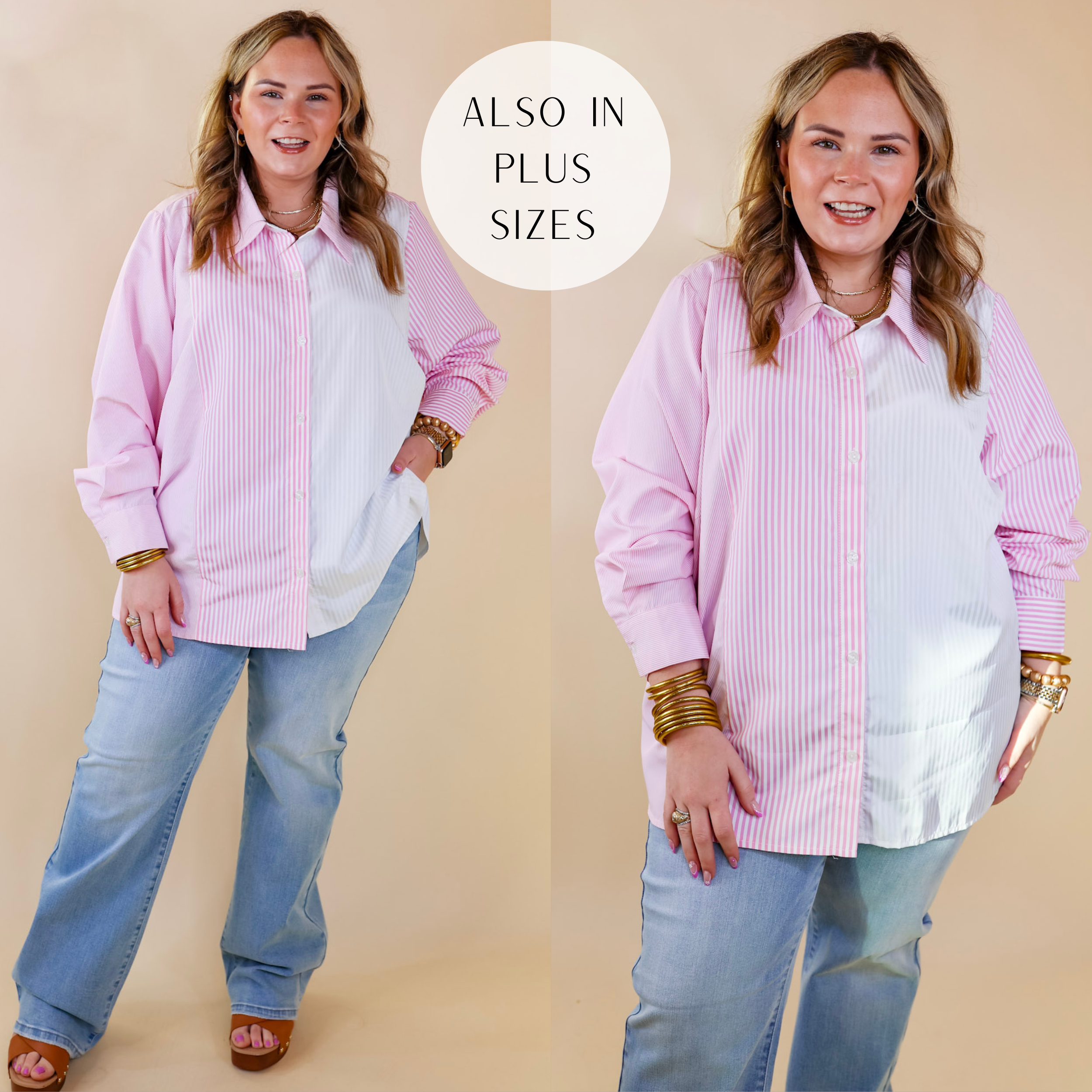 Model is wearing a button up top with long sleeves and a collared neckline. This top is a pin stripe pattern that is half pink and half white. Model has it paired with light wash, wide leg jeans, tan wedges, and gold jewelry.