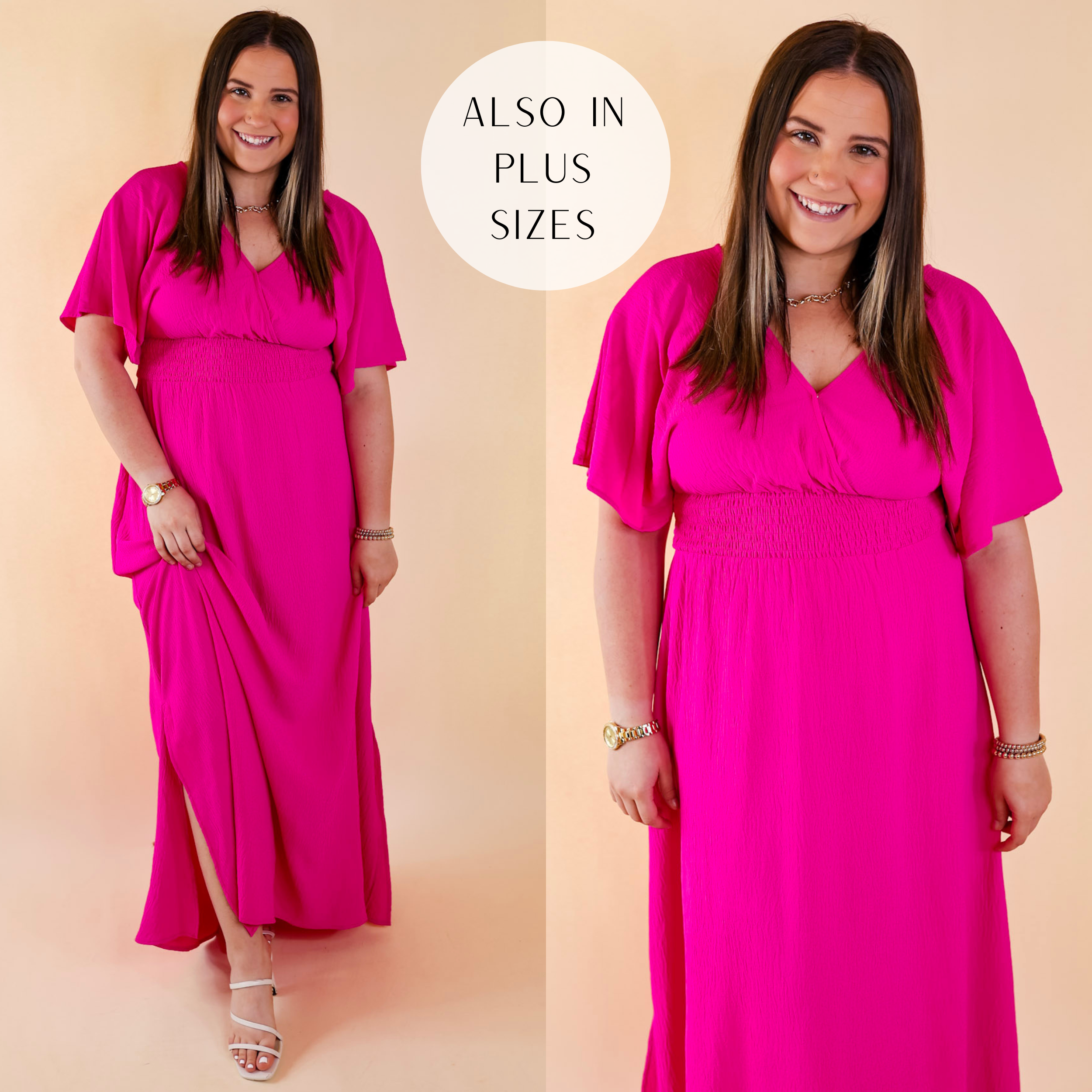 Fuchsia Smocked Waist V Neck Maxi Dress fit and styling