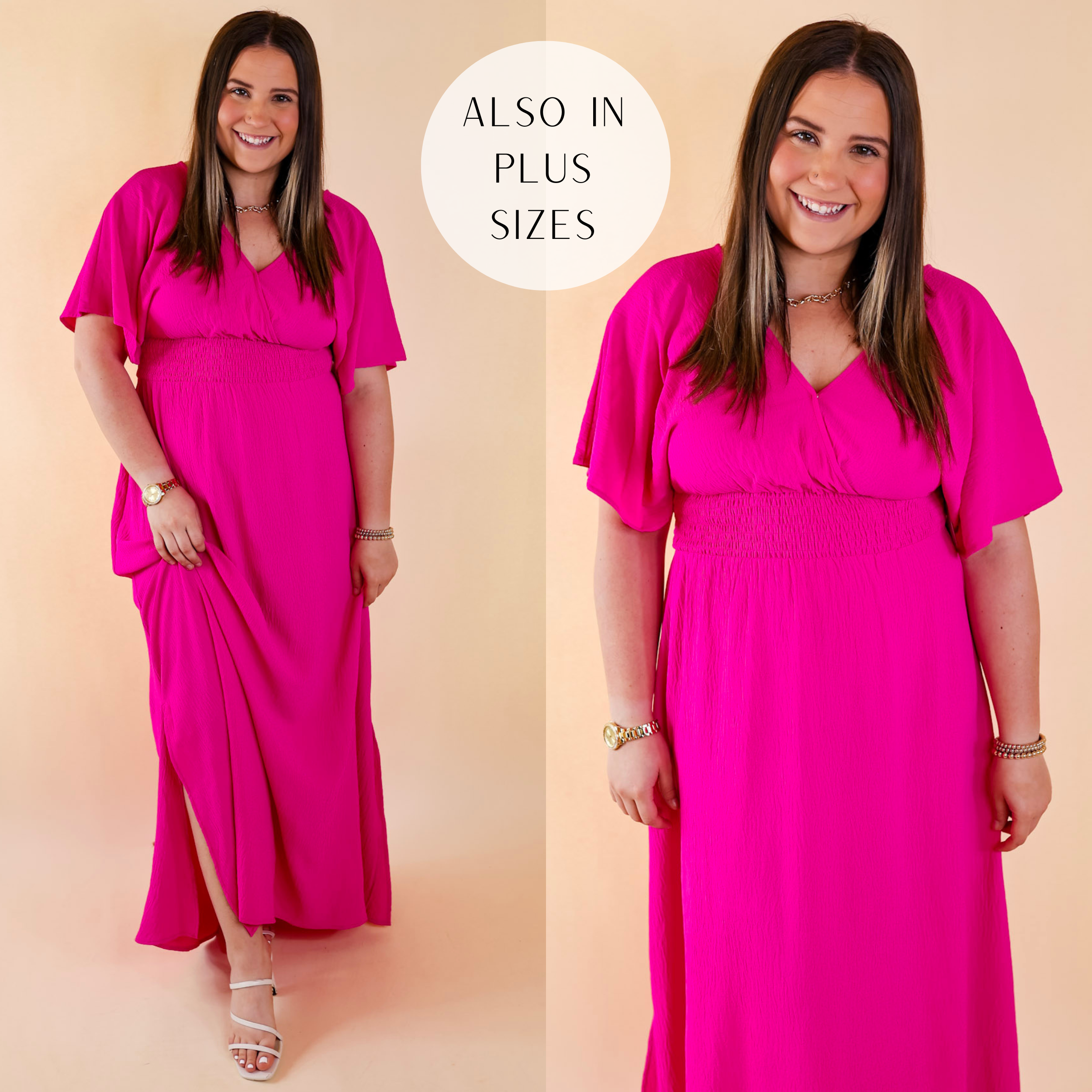 Model is wearing a hot pink maxi dress with short sleeves, a v neckline, and a smocked waist. Model has it paired with white heels and gold jewelry.
