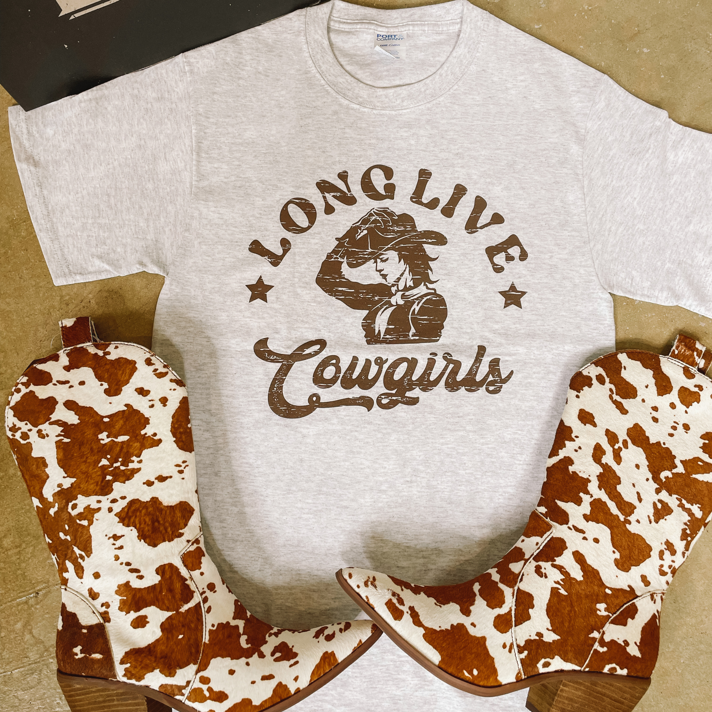 Long Live Cowgirls Print Short Sleeve Graphic Tee in Heather Grey - Giddy Up Glamour Boutique