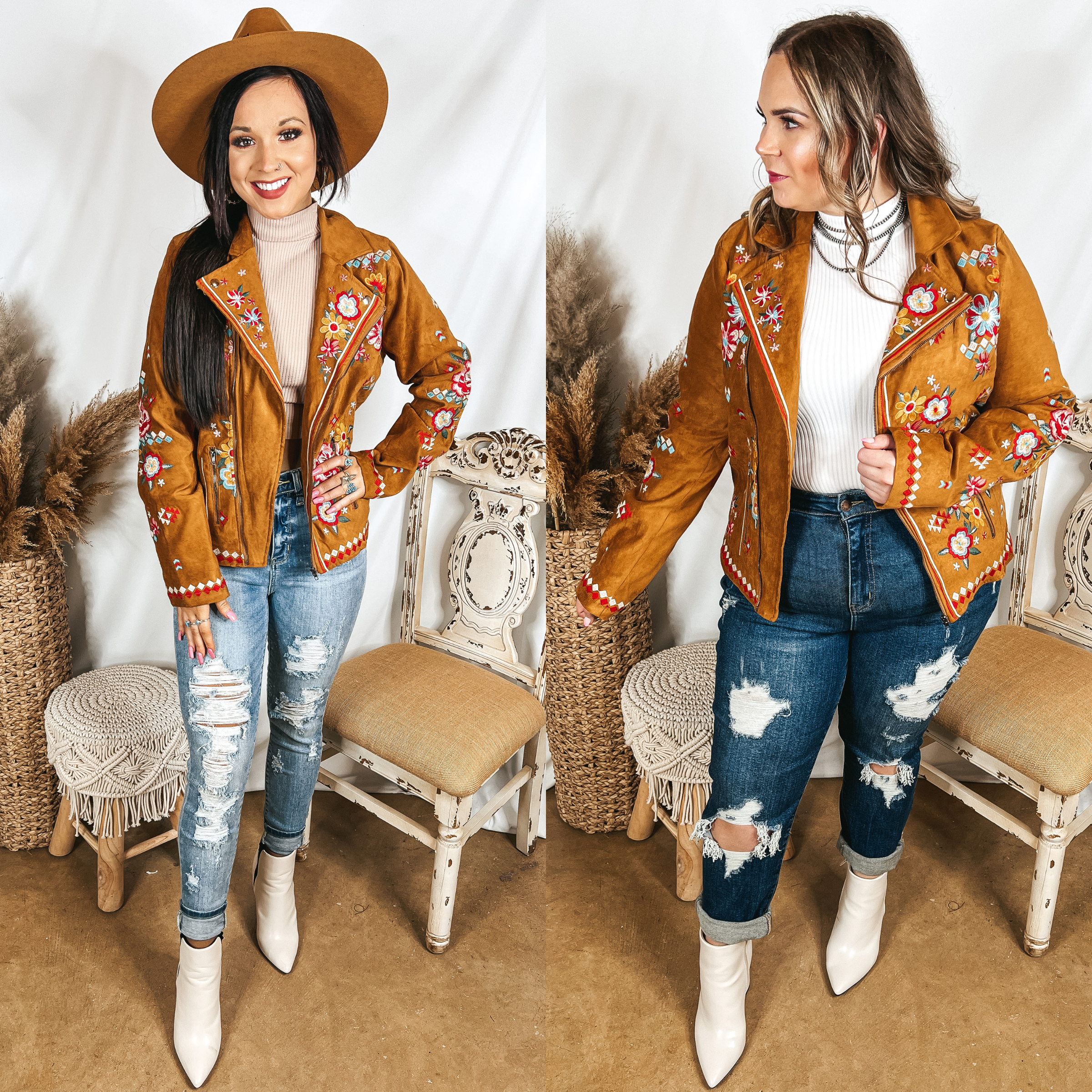 Models are wearing a tan embroidered jacket that is suede. Size small model has it paired with distressed light wash jeans, white booties, and a brown hat. Size large model has it paired with dark wash distressed jeans, white booties, and silver jewelry.