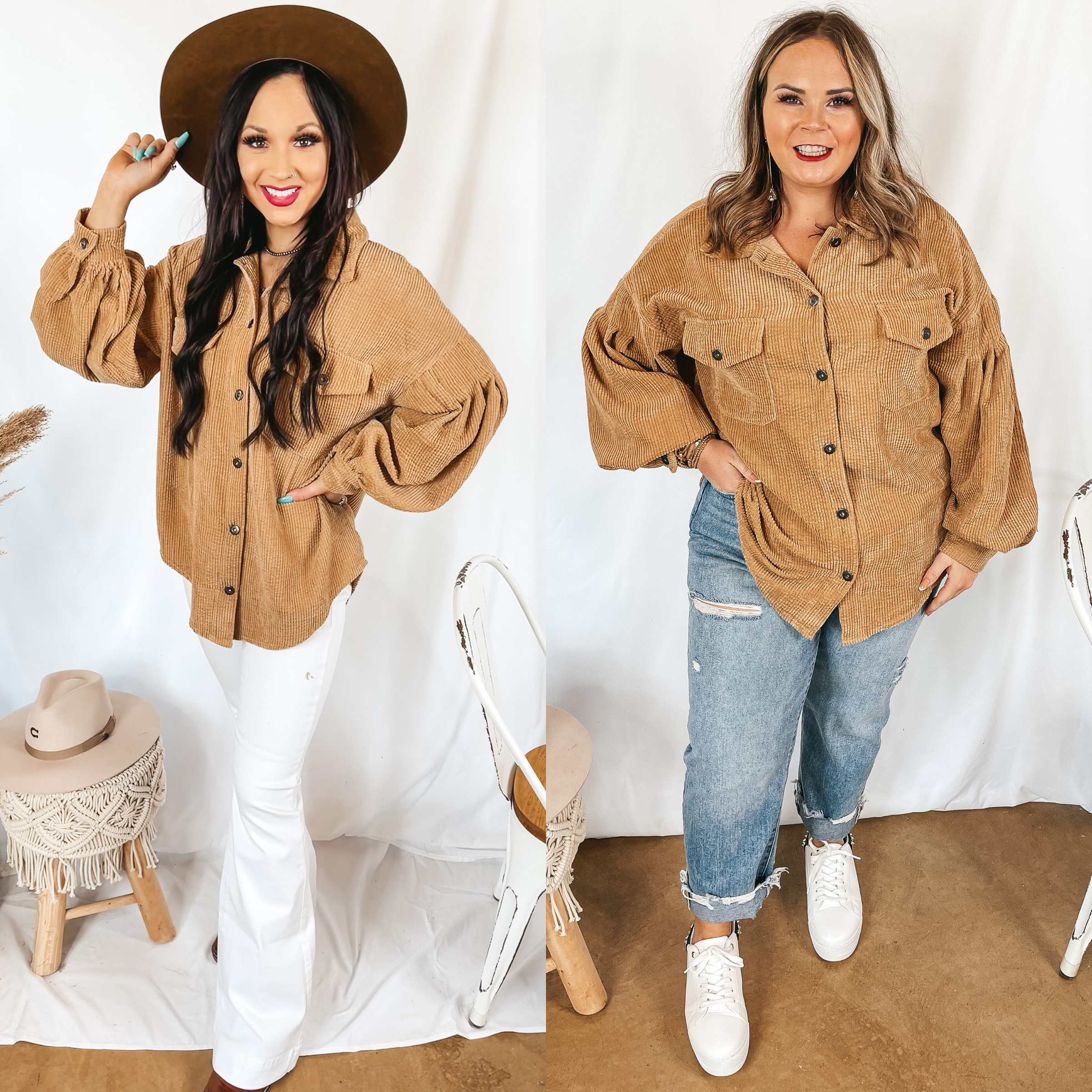 Models are wearing an oversized tan top with as button up front. Size small model has it paired with white flare jeans, brown booties, and a brown hat. Size large model has it paired with light wash jeans, white sneakers, and silver jewelry.