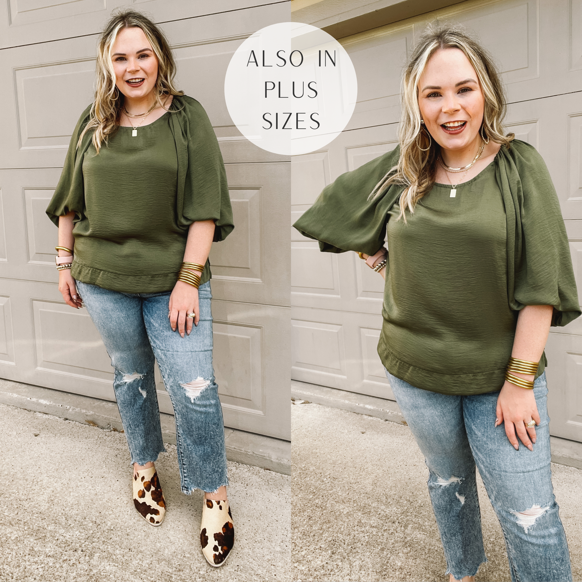 Model is wearing an olive green scoop neck blouse with balloon half sleeves. Model has it paired with distressed boyfriend jeans, animal print mules, and gold jewelry.