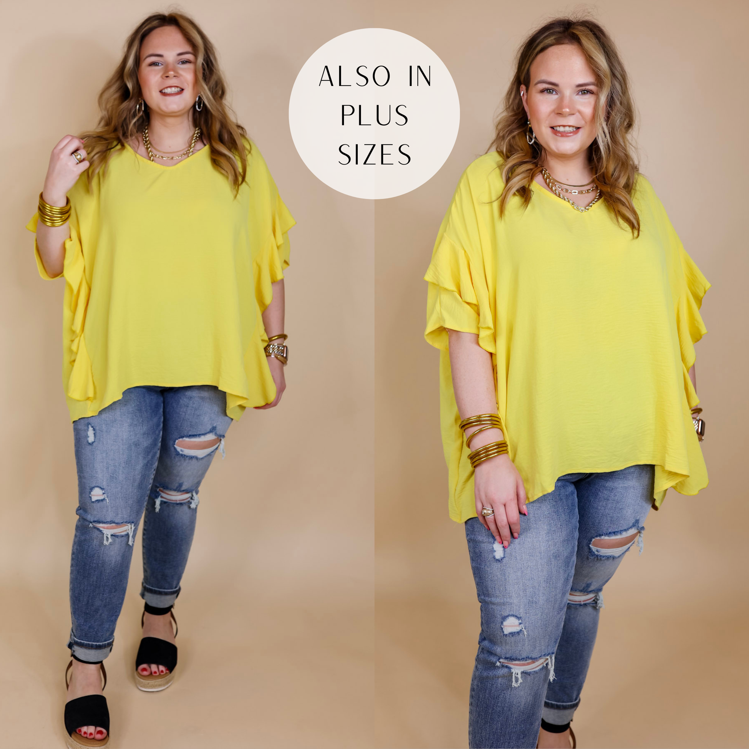 Model is wearing a yellow poncho top with ruffle sleeves and ruffles down the side. Model has it paired with distressed skinny jeans, black sandals, and gold jewelry.