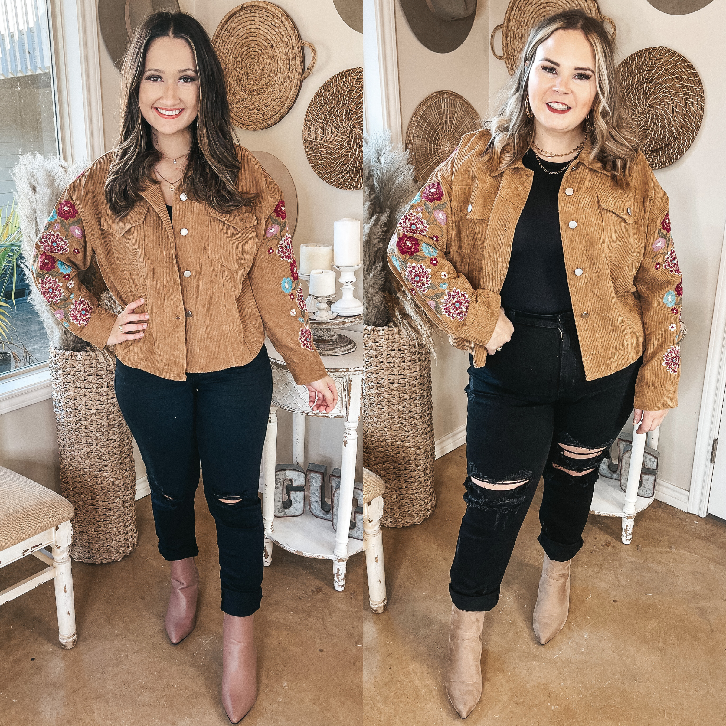Models are wearing a tan button up corduroy jacket. The sleeves of the jacket have floral embroidery. Models have it paired with black tank top, black skinny jeans, taupe booties, and gold jewelry.