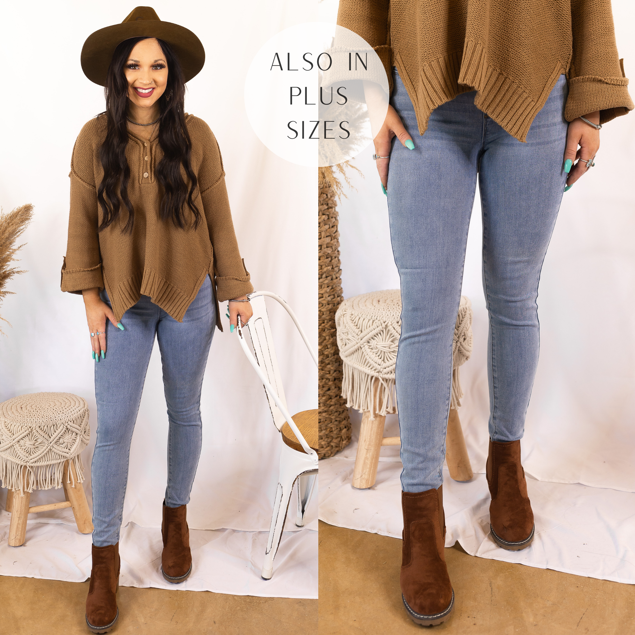 Model is wearing light wash elastic waist jeggings. Model has these skinny jeans paired with a tan sweater, brown booties, and a brown hat.