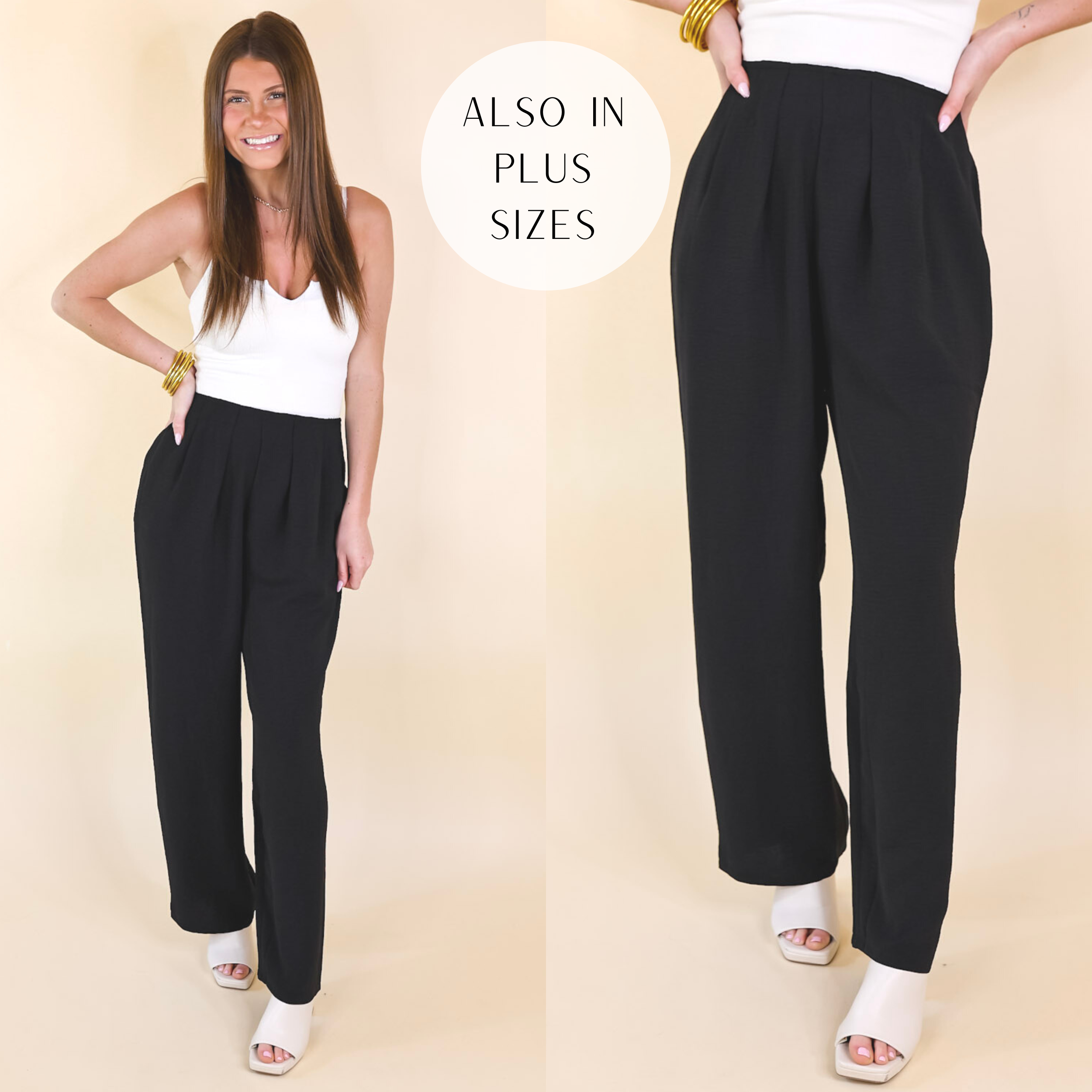 Model is wearing a pair of black straight leg pants with pleated detailing on the front waistline. Model has these pants paired with ivory heels, a white tank top, and gold jewelry.
