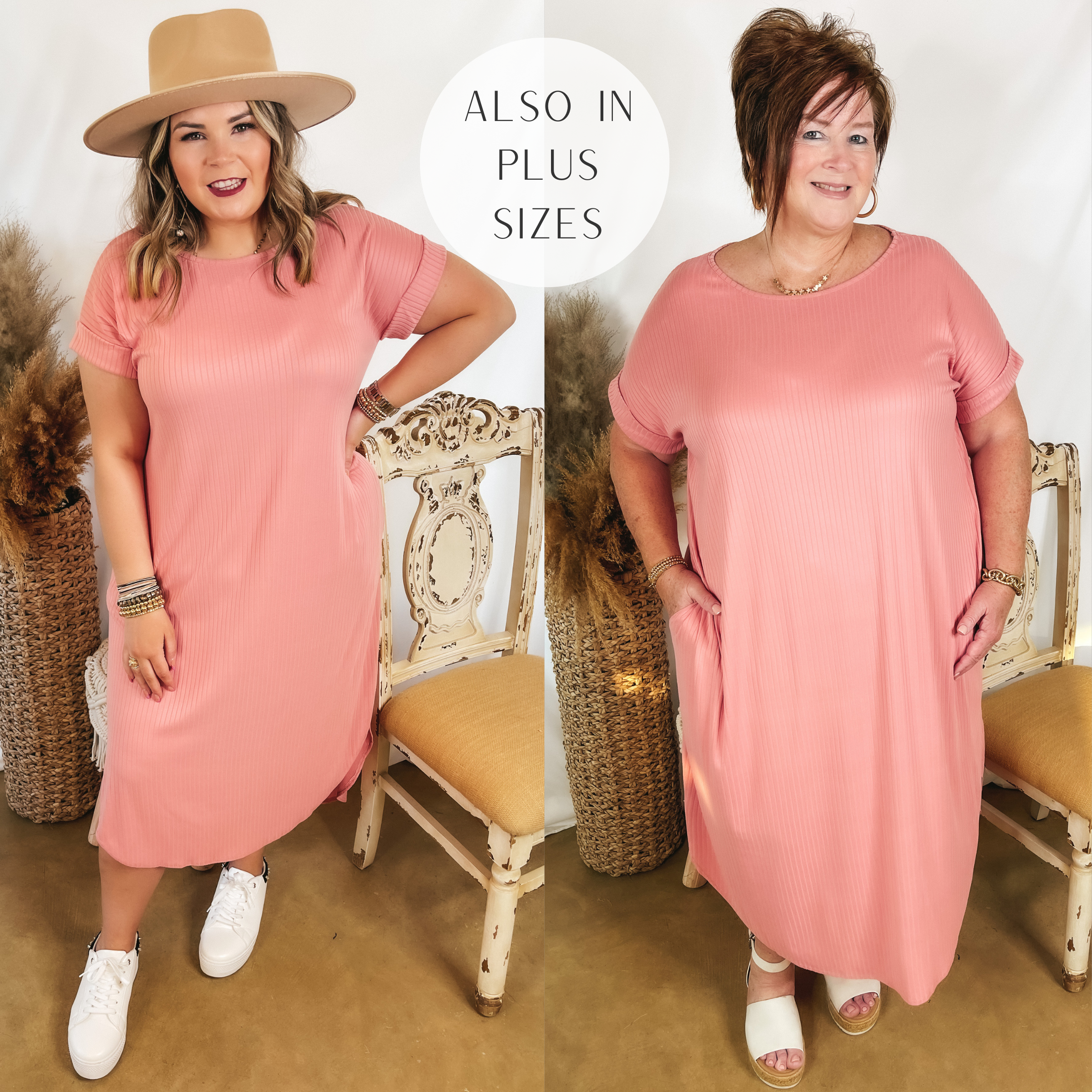 Models are wearing a peach pink ribbed midi dress. Size large model has it paired with white sneakers and a tan rancher hat. Plus size model has it paired with gold jewelry and white sandals. 