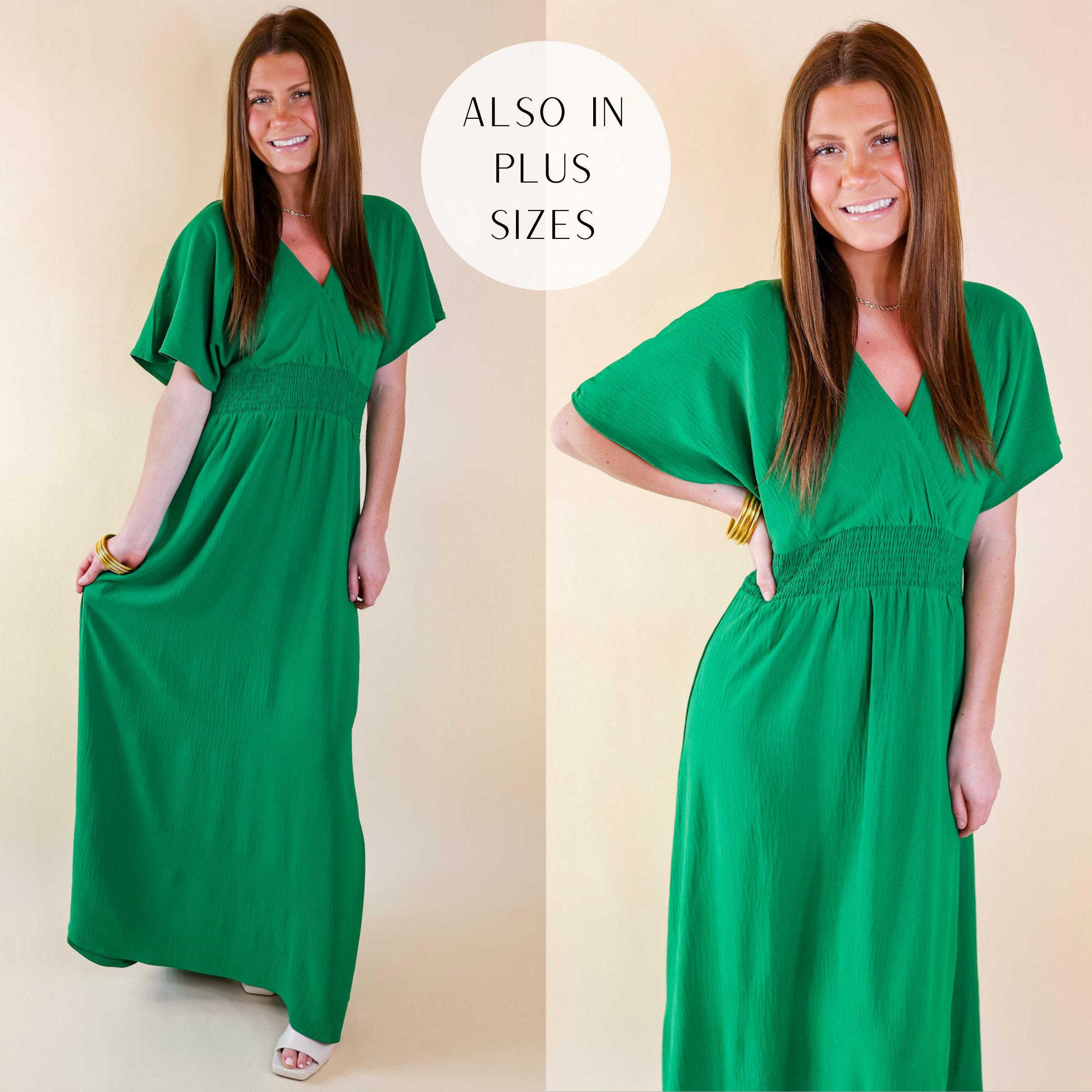 Model is wearing a green maxi dress with short sleeves, a v neckline, and a smocked waist. Model has it paired with white heels and gold jewelry.